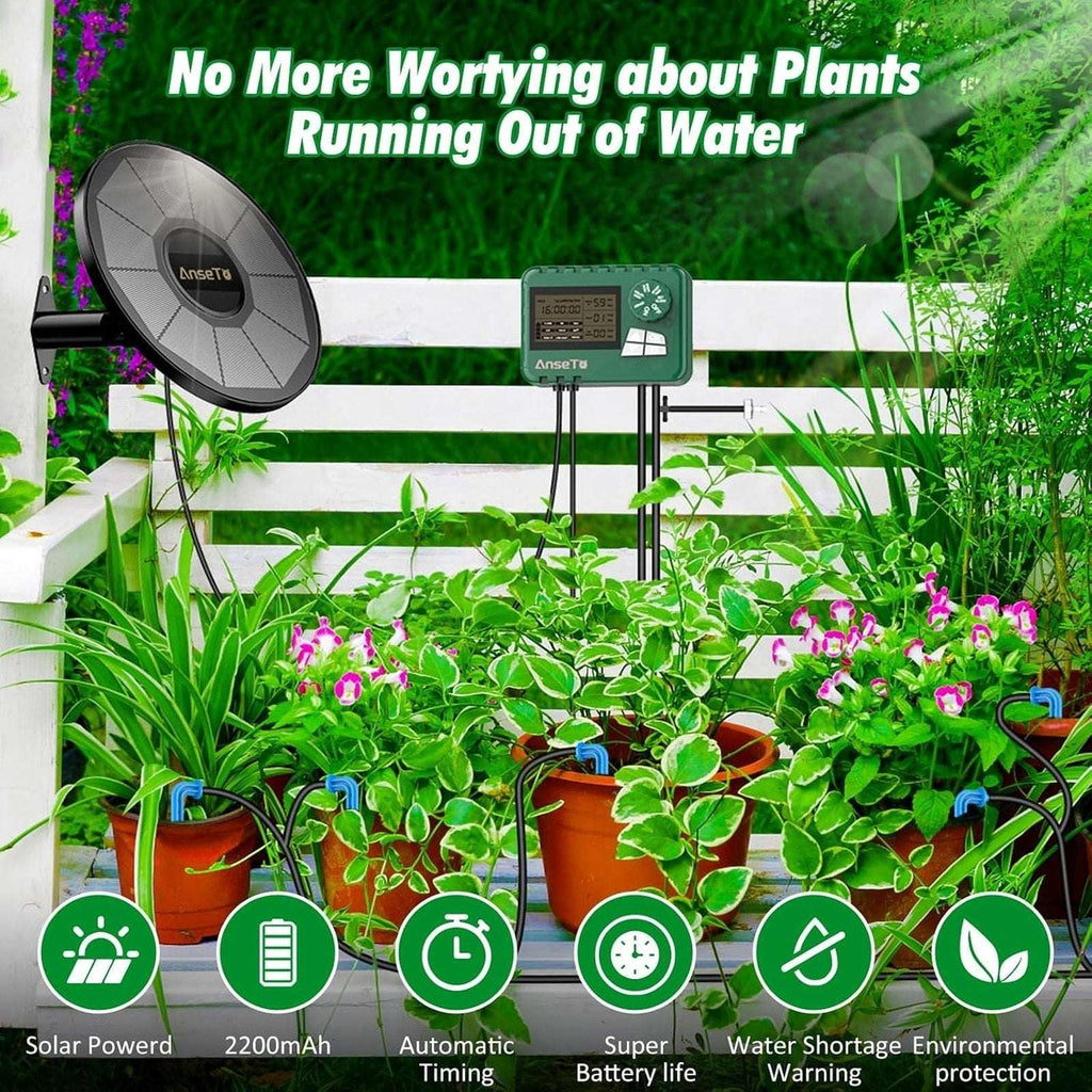 50' Automatic Drip Solar Irrigation System Plant Watering w/ Split Timer 15 Pots