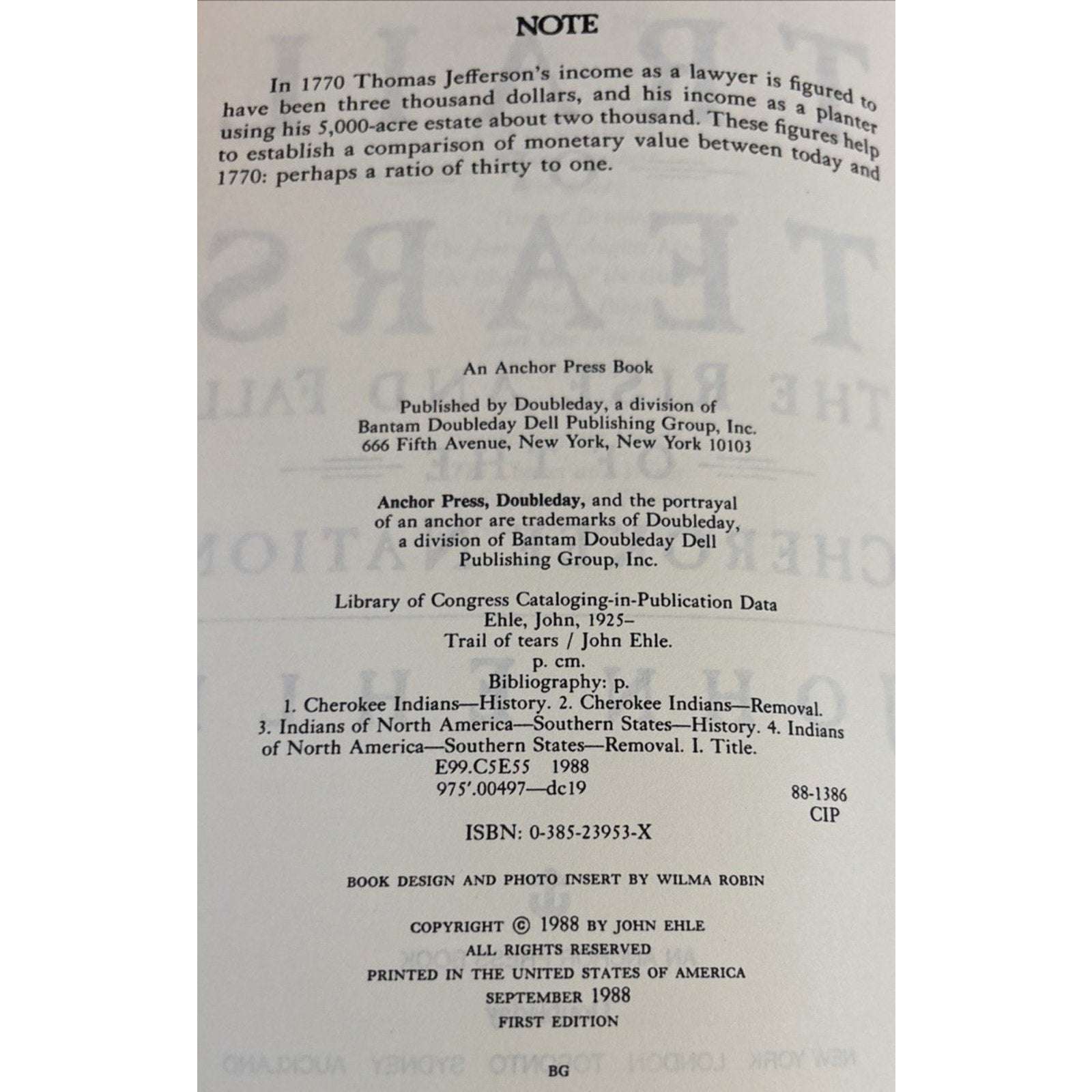 JOHN EHLE TRAIL of TEARS, Rise & Fall of CHEROKEE NATION HCDJ First Edition 1988