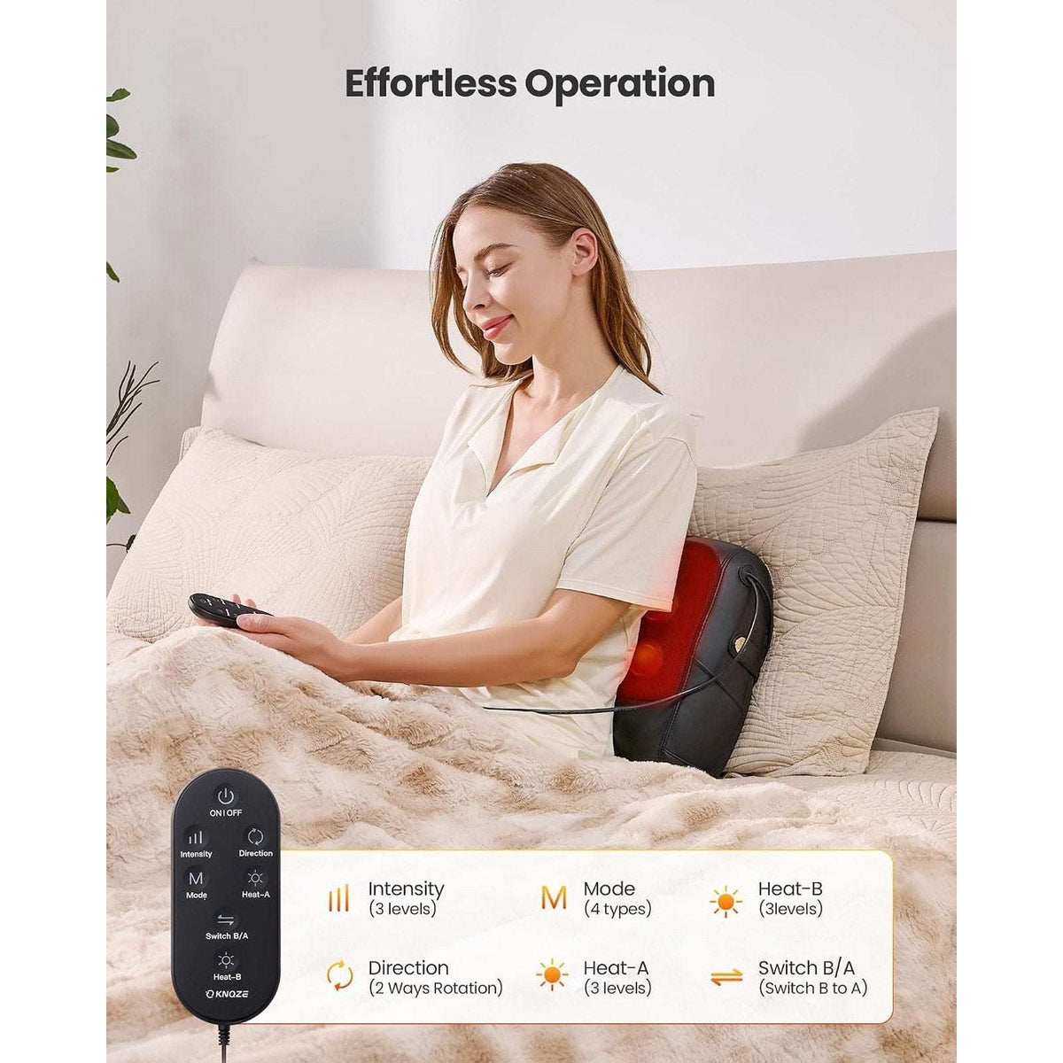 KNQZE 3-in-1 Shiatsu Back Massager Heated Lumbar Support 4D Kneading Deep Tissue