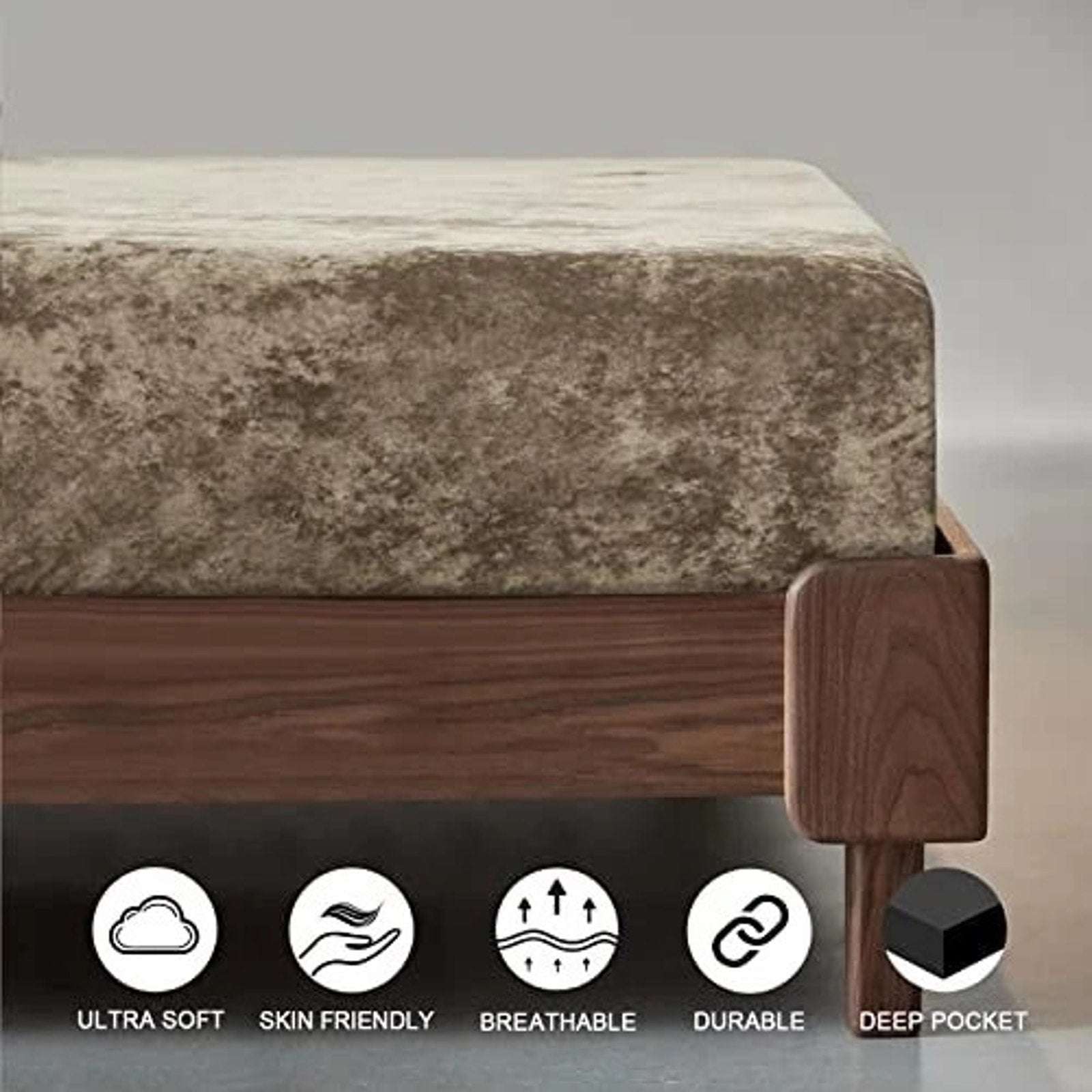 PHF Truly Velvet Fitted Sheet Queen Size Luxury Super Soft & Cozy Deep Fit Khaki