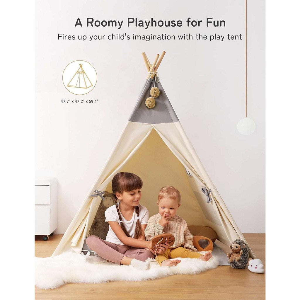 Besrey Kids Teepee Tent w/ Lights & Mat - Girl Boy Toddler Play Tent White Gray