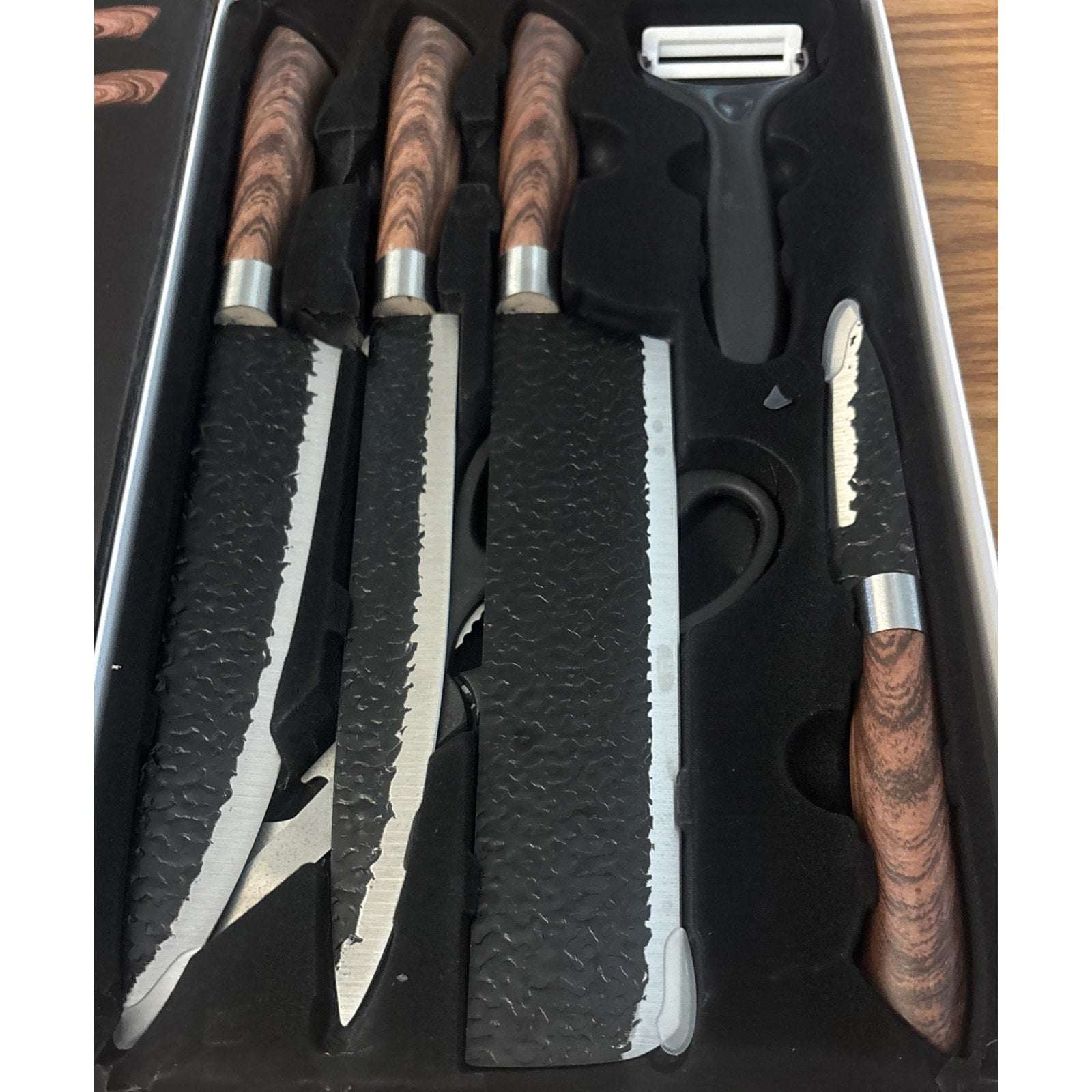 6PC Knife Set Embossed Non-Stick Blade w Wood Grain Handle Cleaver Chef Carving+