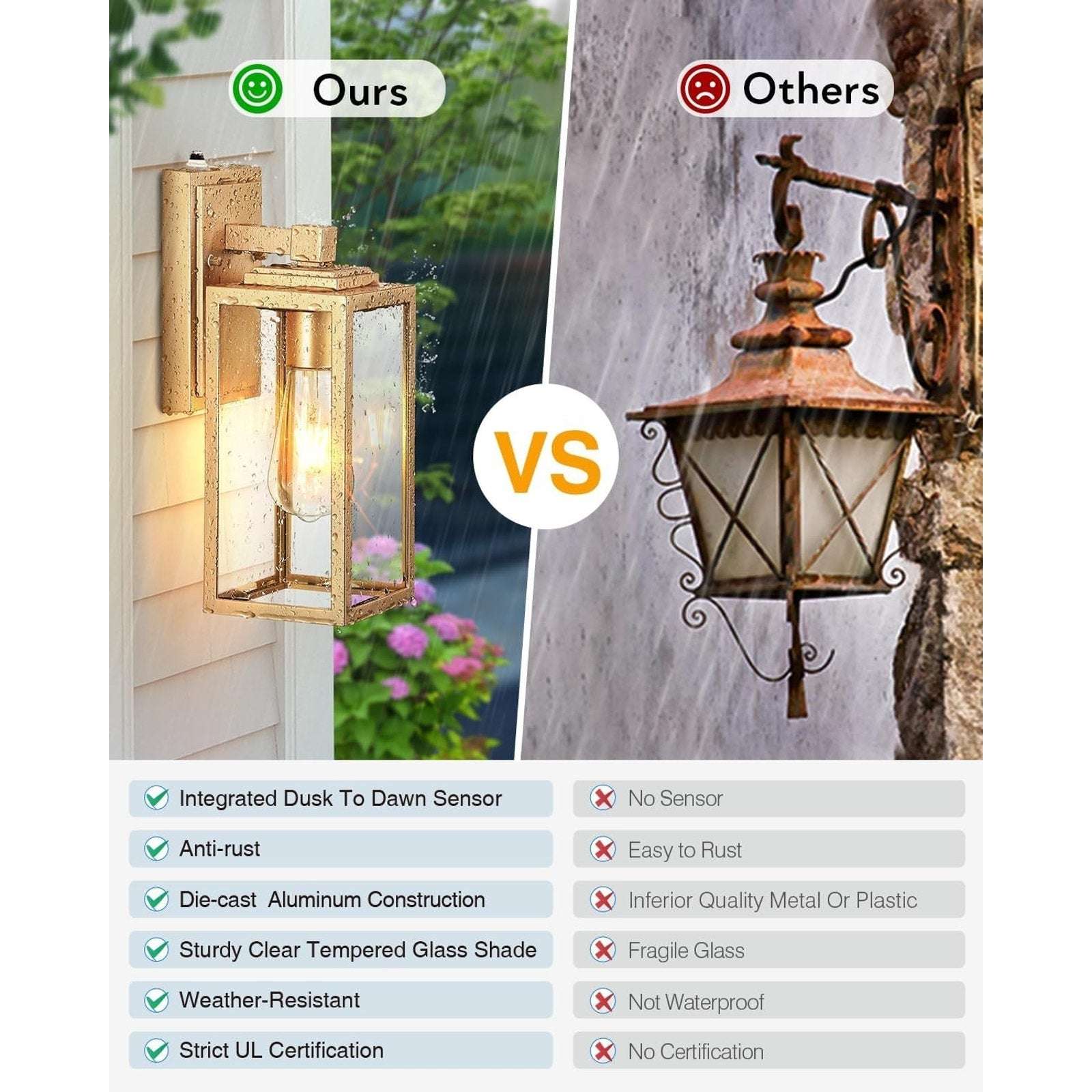 VIANIS Gold Outdoor DUSK TO DAWN Wall Porch Sconce Light Weatherproof Anti-Rust