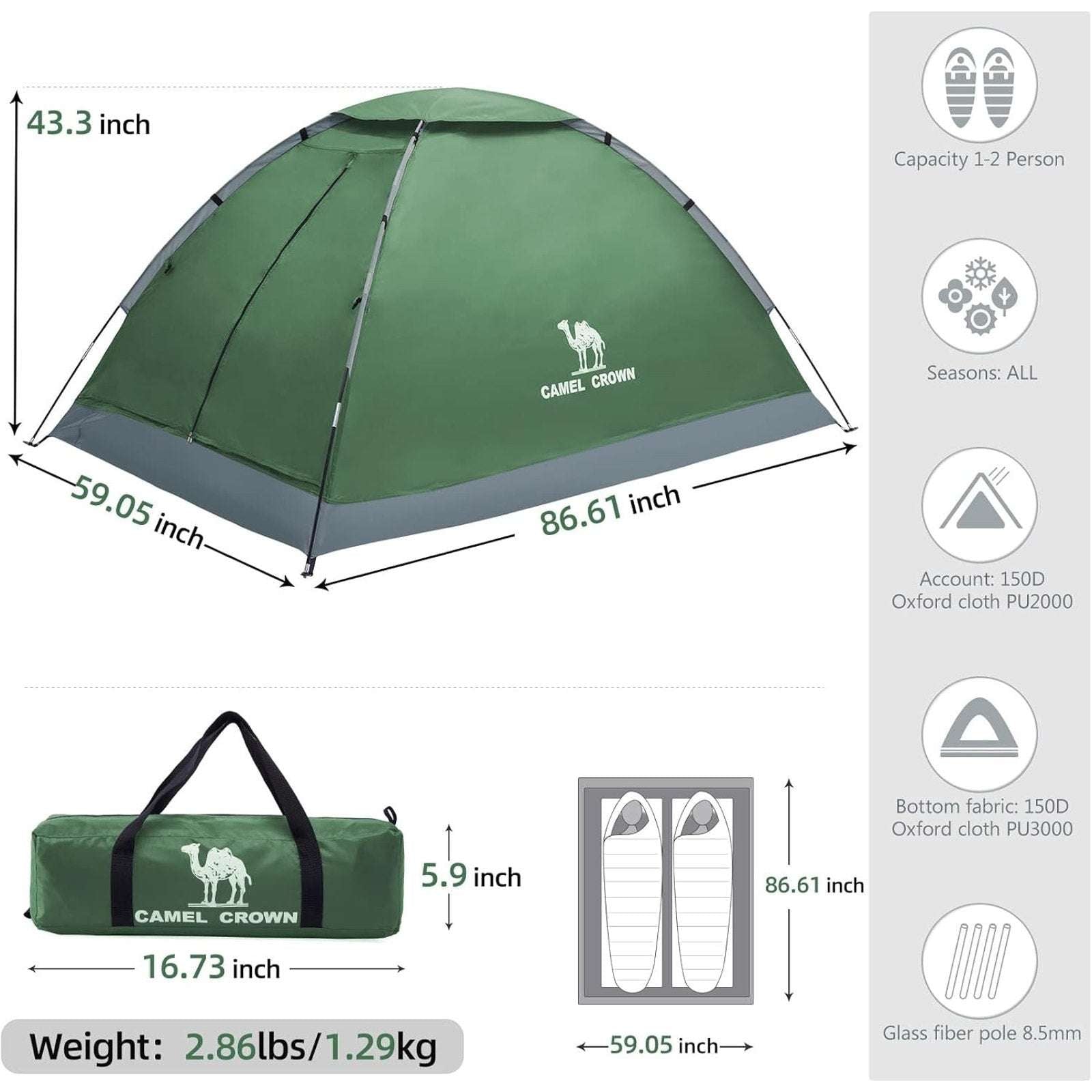CAMEL CROWN Camping Tent Green/Grey 2 Person Waterproof Lightweight Quick Setup
