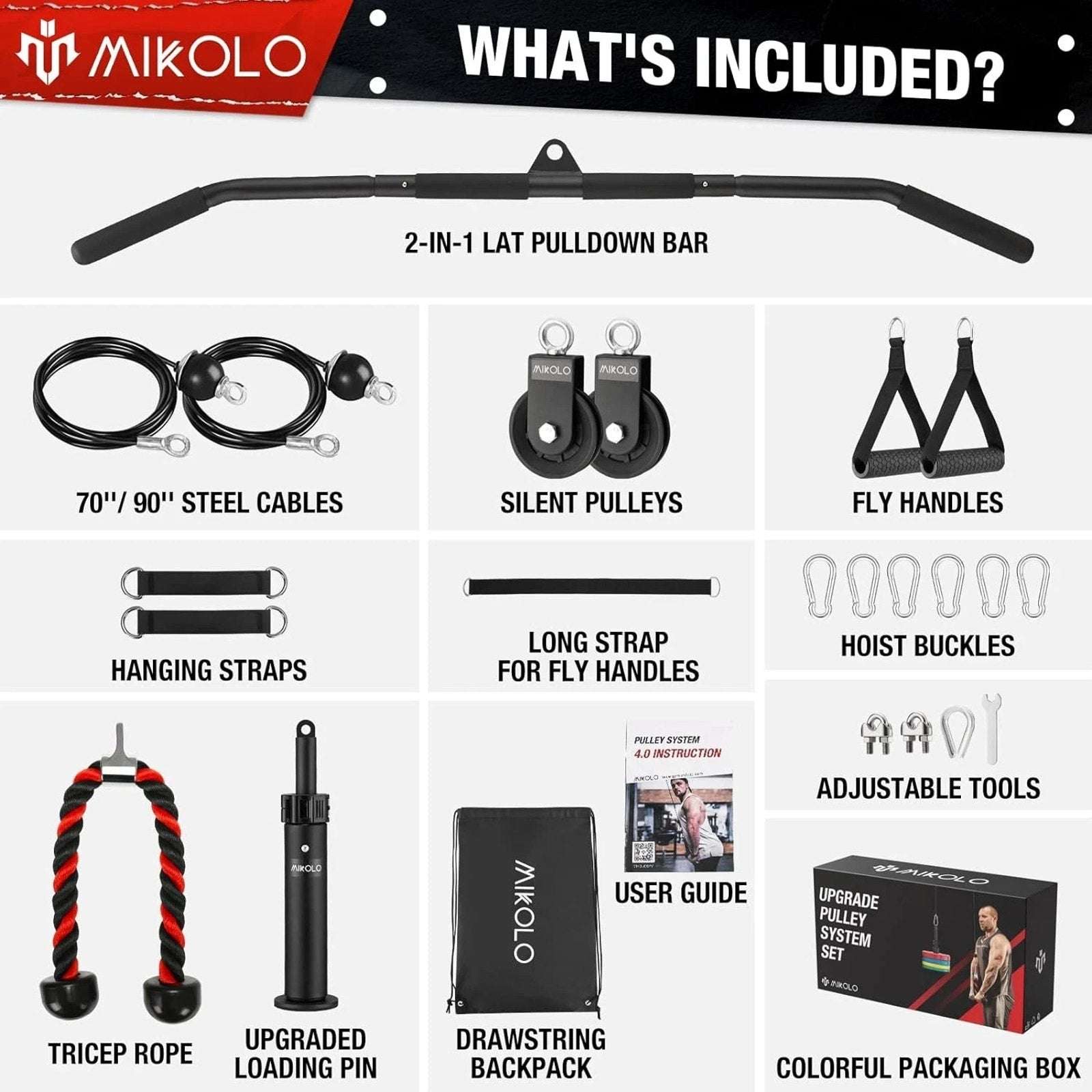 MIKOLO Fitness Upgraded Home Gym LAT & Lift Cable Pulley System Attachments