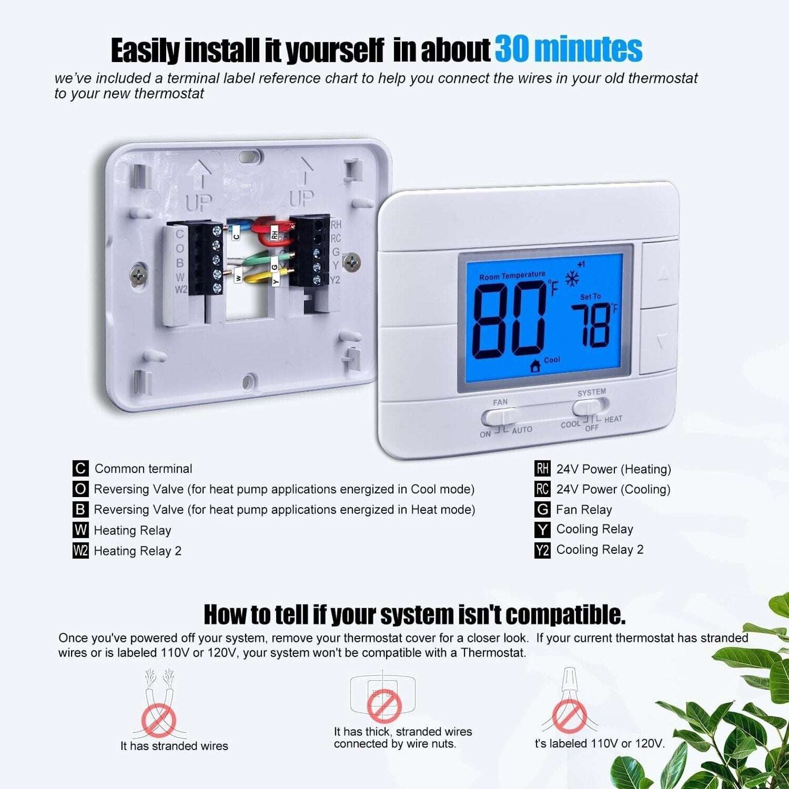 Mroinge Digital LCD Non Programmable Thermostat for Home - 2 Heat / 2 Cool M711