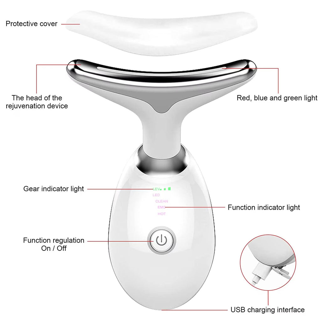 7-Color Anti-Aging Firming Face & Neck Massager w Heat EMS Red Light Beauty Devi