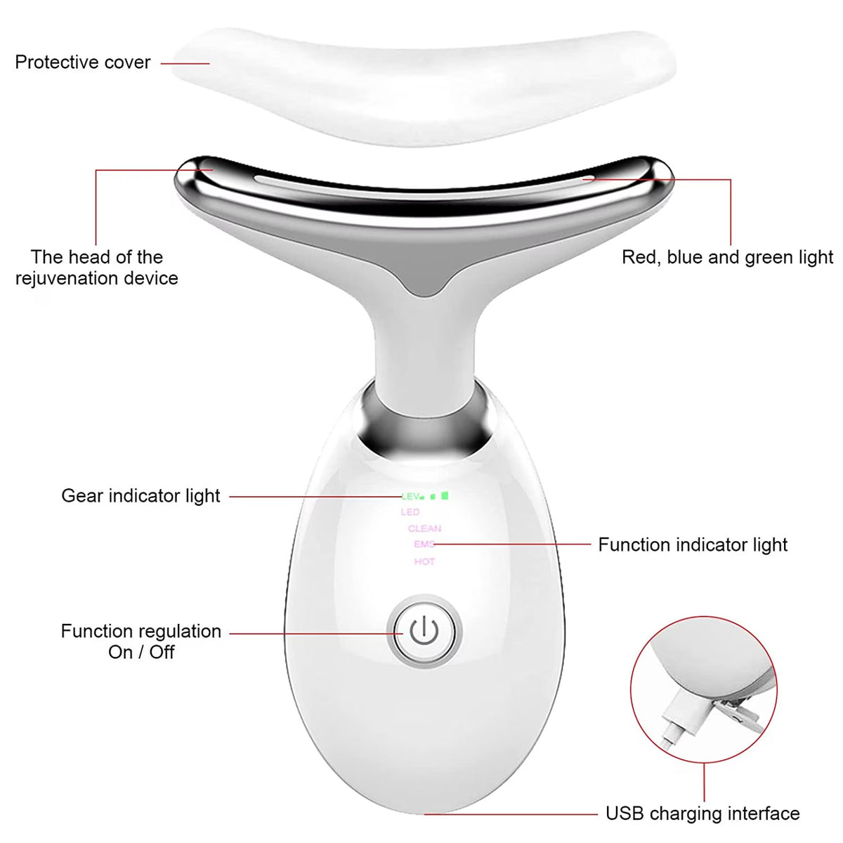 7-Color Anti-Aging Firming Face & Neck Massager w Heat EMS Red Light Beauty Devi