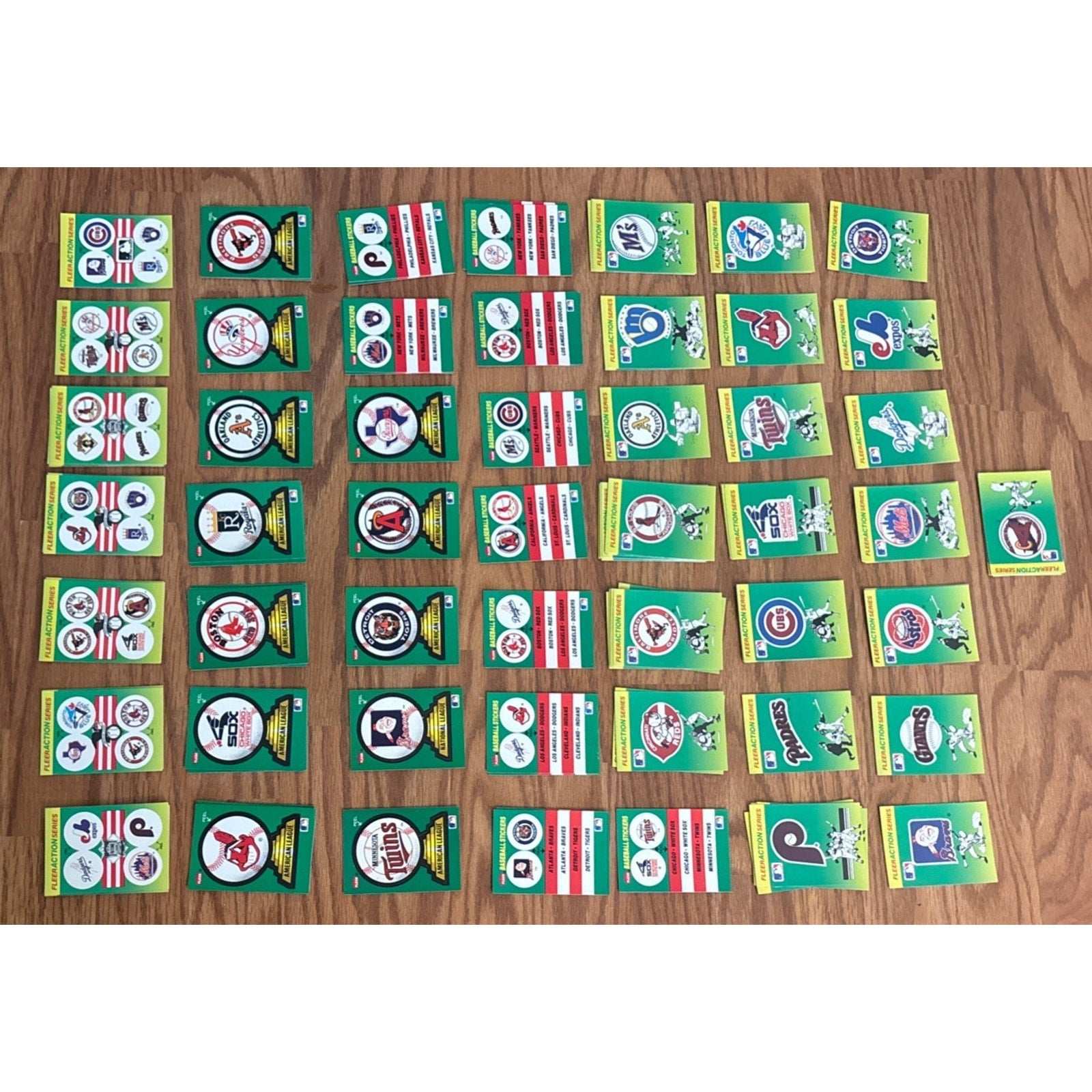 124Pcs 1990 Fleer MLB Baseball Teams Logo Stickers + Fleer Action Cards +Smalls