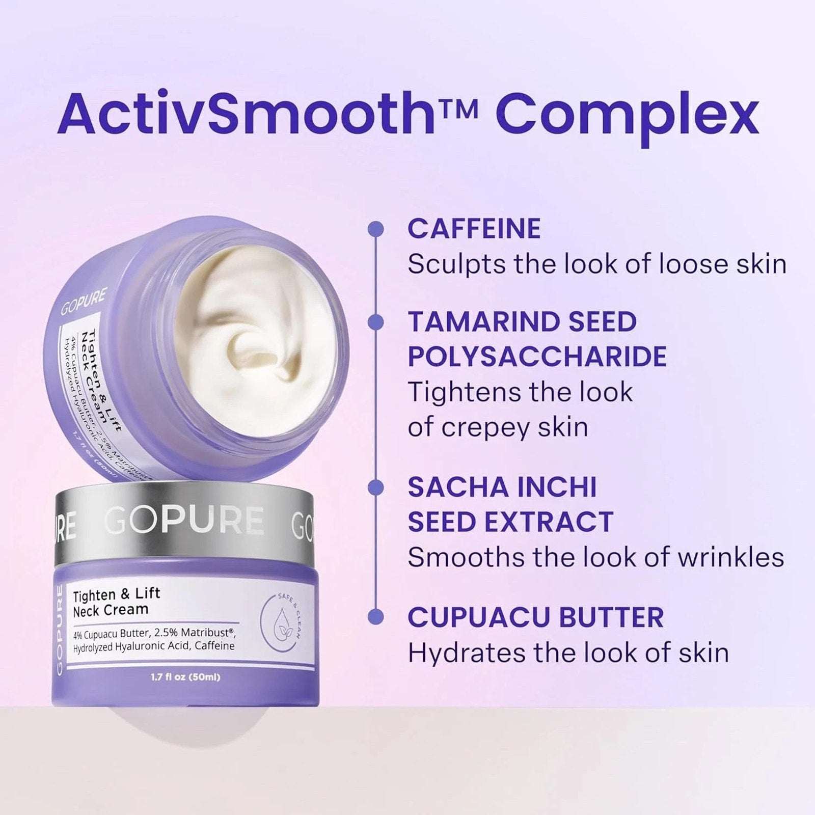 GoPure Tighten & Lift Neck Firming Cream Hyaluronic Acid Caffeine 1.7oz 04/2027