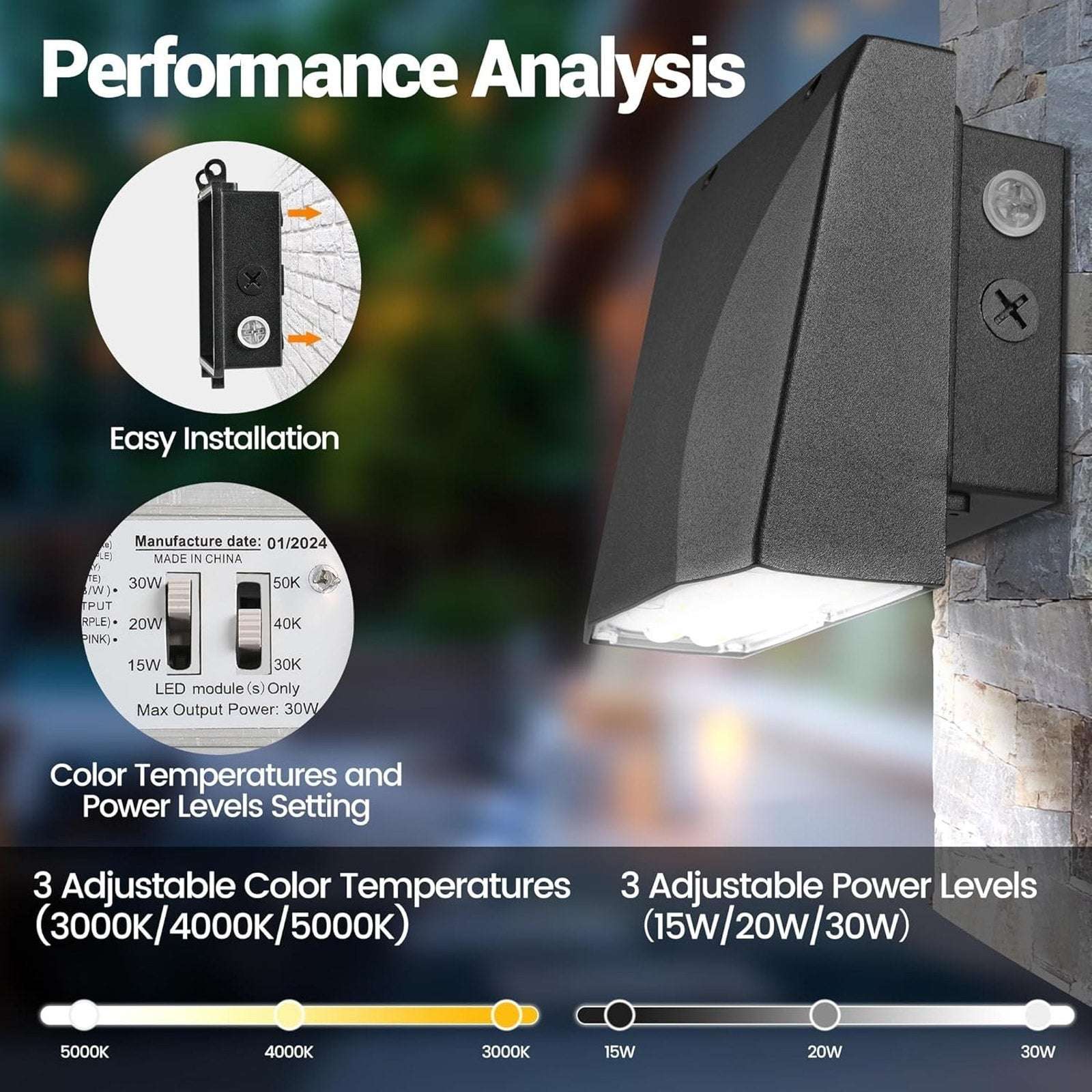 Garrini 30W Dusk to Dawn LED Wall Pack Security Light w/ Adjustable CCT & Power
