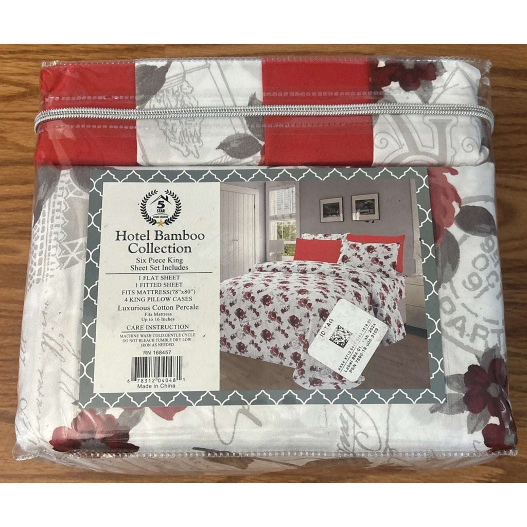 Hotel Bamboo Collection 1800 6-Piece KING Sheet Set Deep Pocket Red Multi Floral