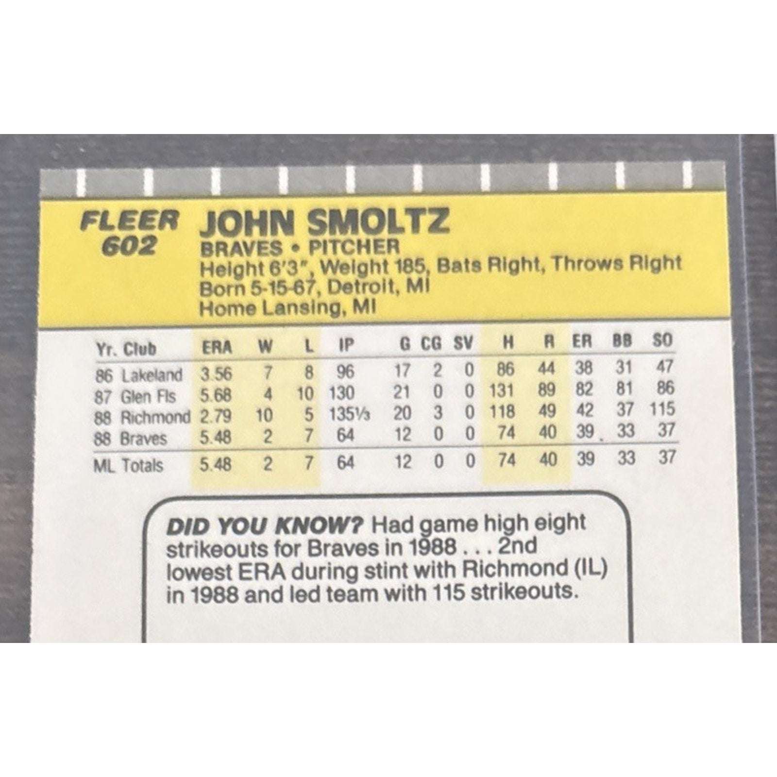 1989 FLEER #602 JOHN SMOLTZ - RC ROOKIE - BRAVES - Pack to Sleeve - MLB Baseball