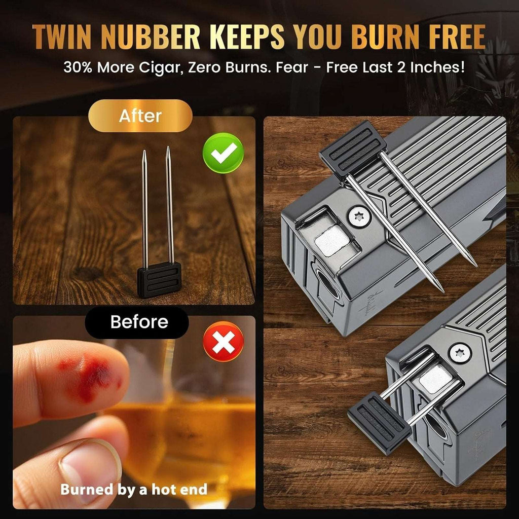 All in 1 Cigar Torch Lighter V-Cutter, Punch, Holder, Draw Enhancer, Twin Nubber