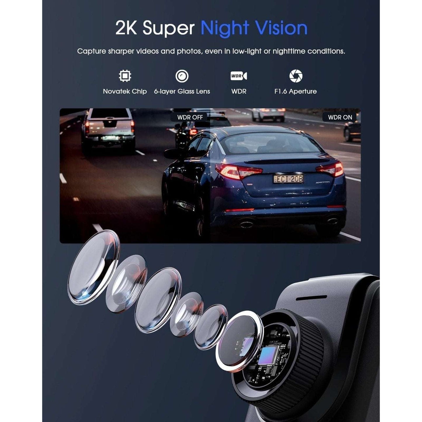 Avylet A1 Dash Cam WiFi 2K w/ APP, External GPS, WDR Night Vision, Loop Record +