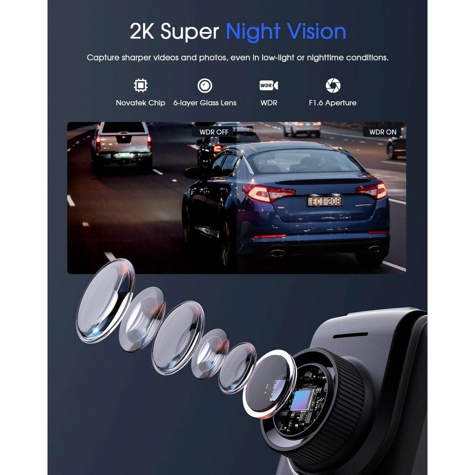 Avylet A1 Dash Cam WiFi 2K w/ APP, External GPS, WDR Night Vision, Loop Record +