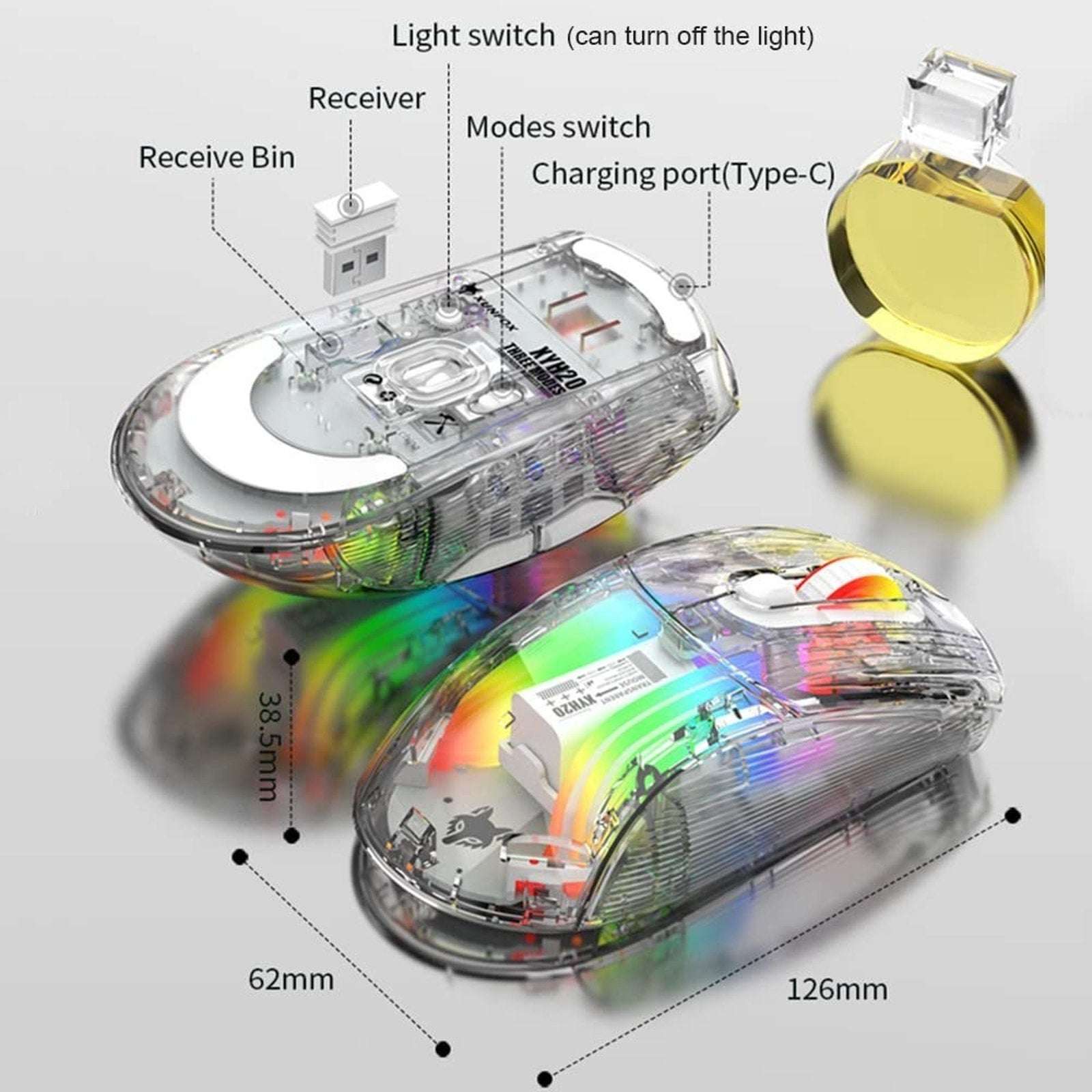 Transparent RGB Bluetooth Wireless Gaming Mouse, Dual Mode USB Computer Mouse