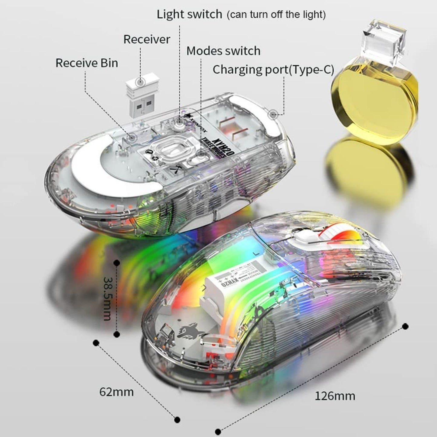 Transparent RGB Bluetooth Wireless Gaming Mouse, Dual Mode USB Computer Mouse