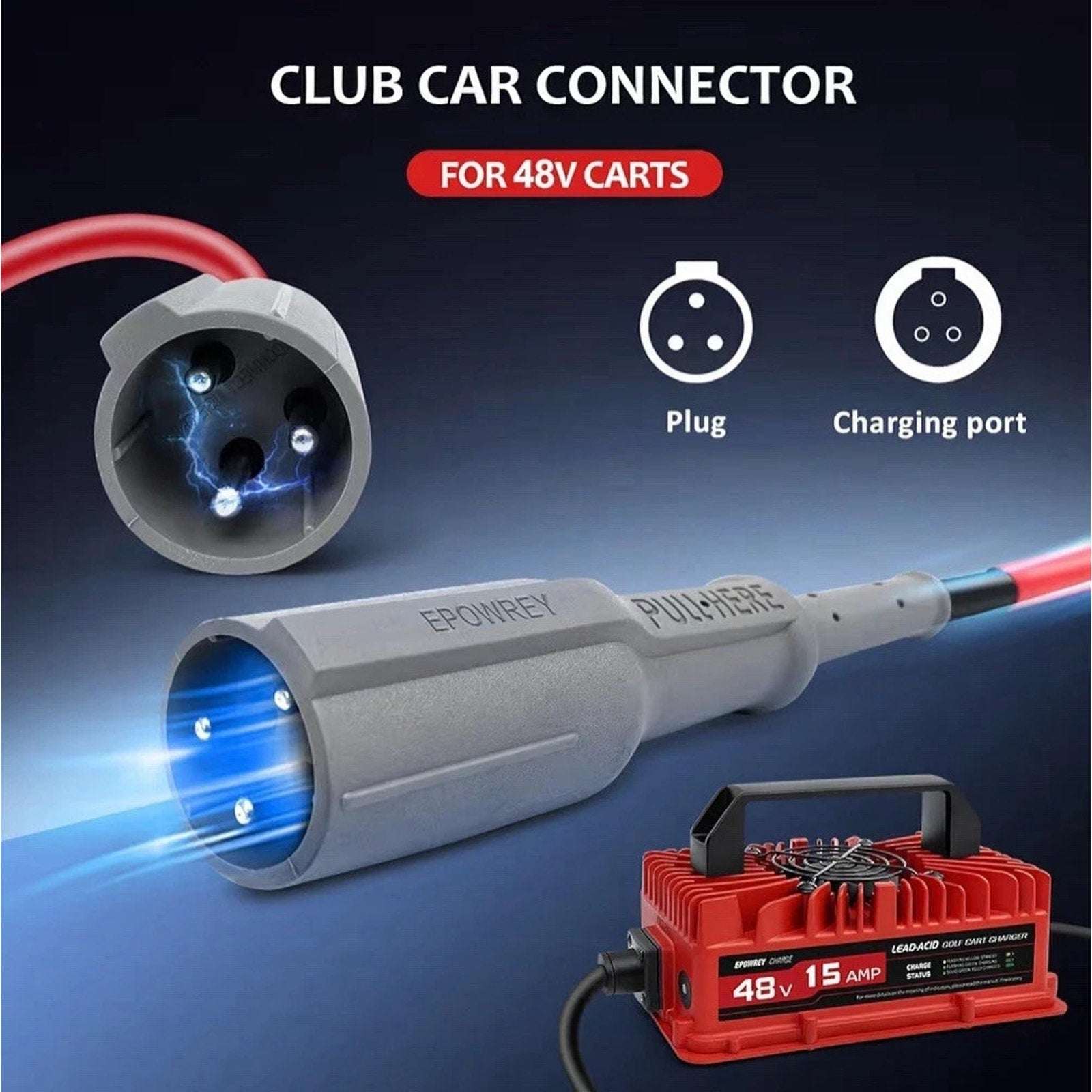 EPOWREY 15 AMP 48 Volt Golf Cart Battery Charger for Club Car 3-Pin Round Plug