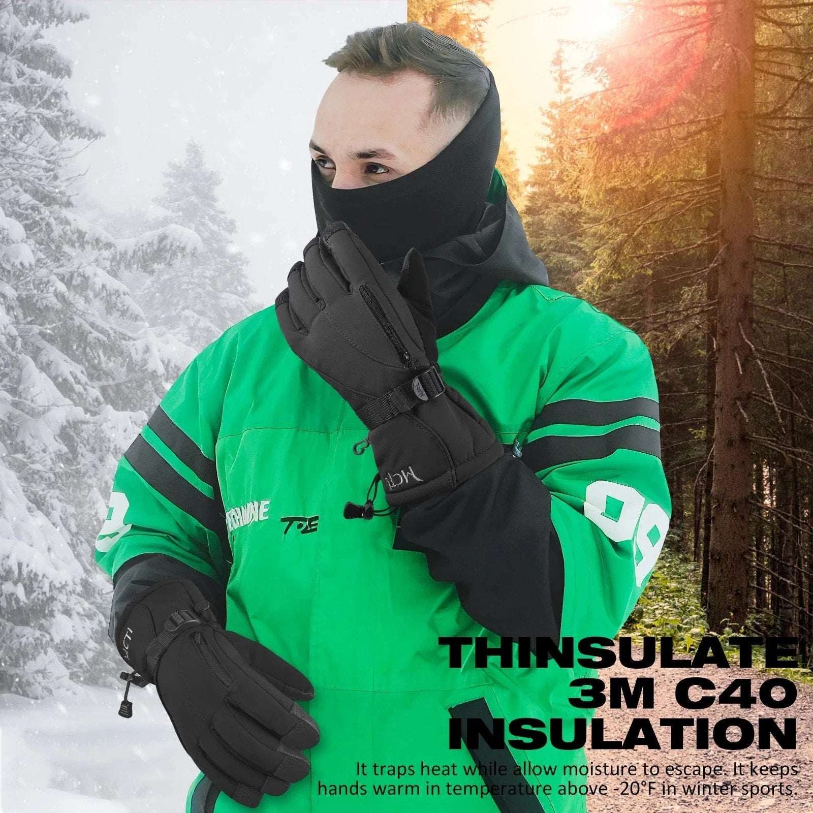 MCTi Waterproof Mens Ski Gloves Winter Warm 3M Thinsulate Snowboard Large Black