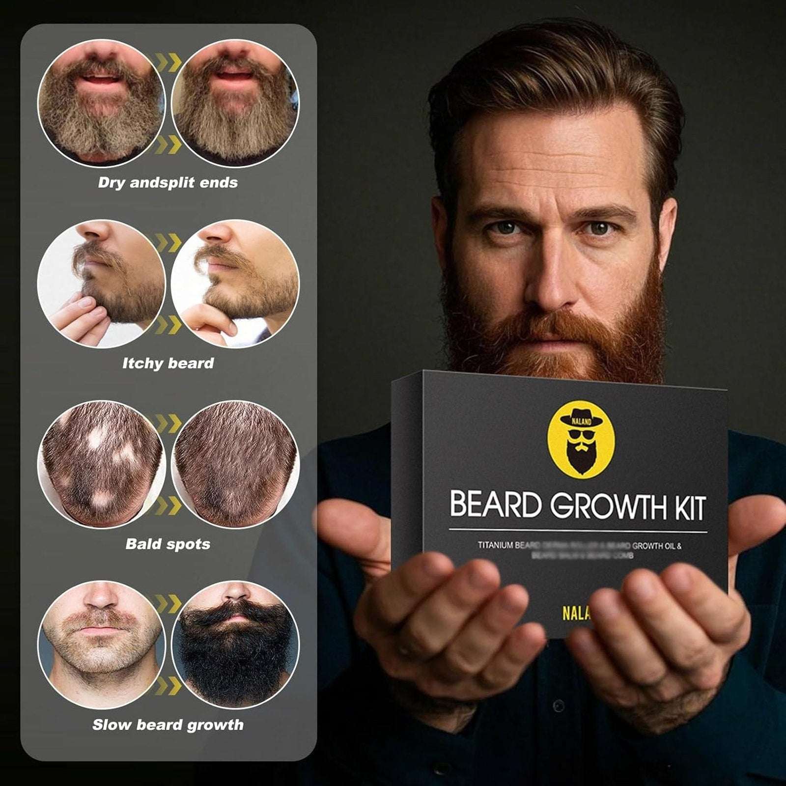 Naland Beard Growth Kit - Growth Oil (2oz), Beard Balm, Beard Comb & Massager