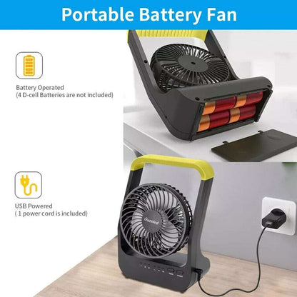 Battery Powered Fan, Portable Camping Fan w 3 Speeds Quiet 180° Rotation & Timer