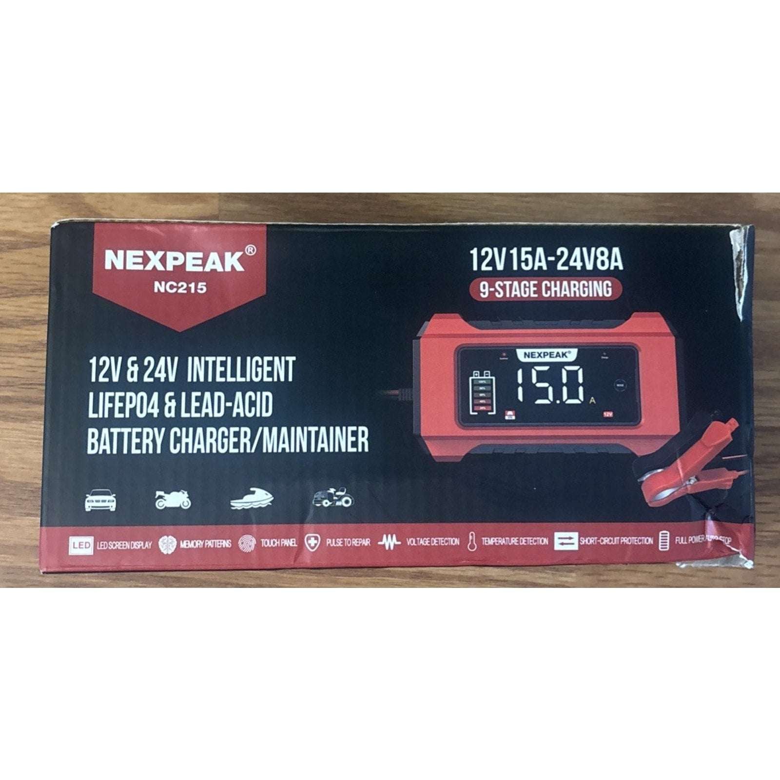 NEXPEAK 15A Smart Battery Charger 12V 24V 9 Stage Trickle LiFePO4 Car Truck Boat