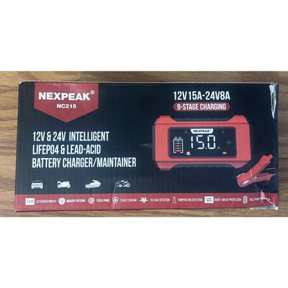 NEXPEAK 15A Smart Battery Charger 12V 24V 9 Stage Trickle LiFePO4 Car Truck Boat