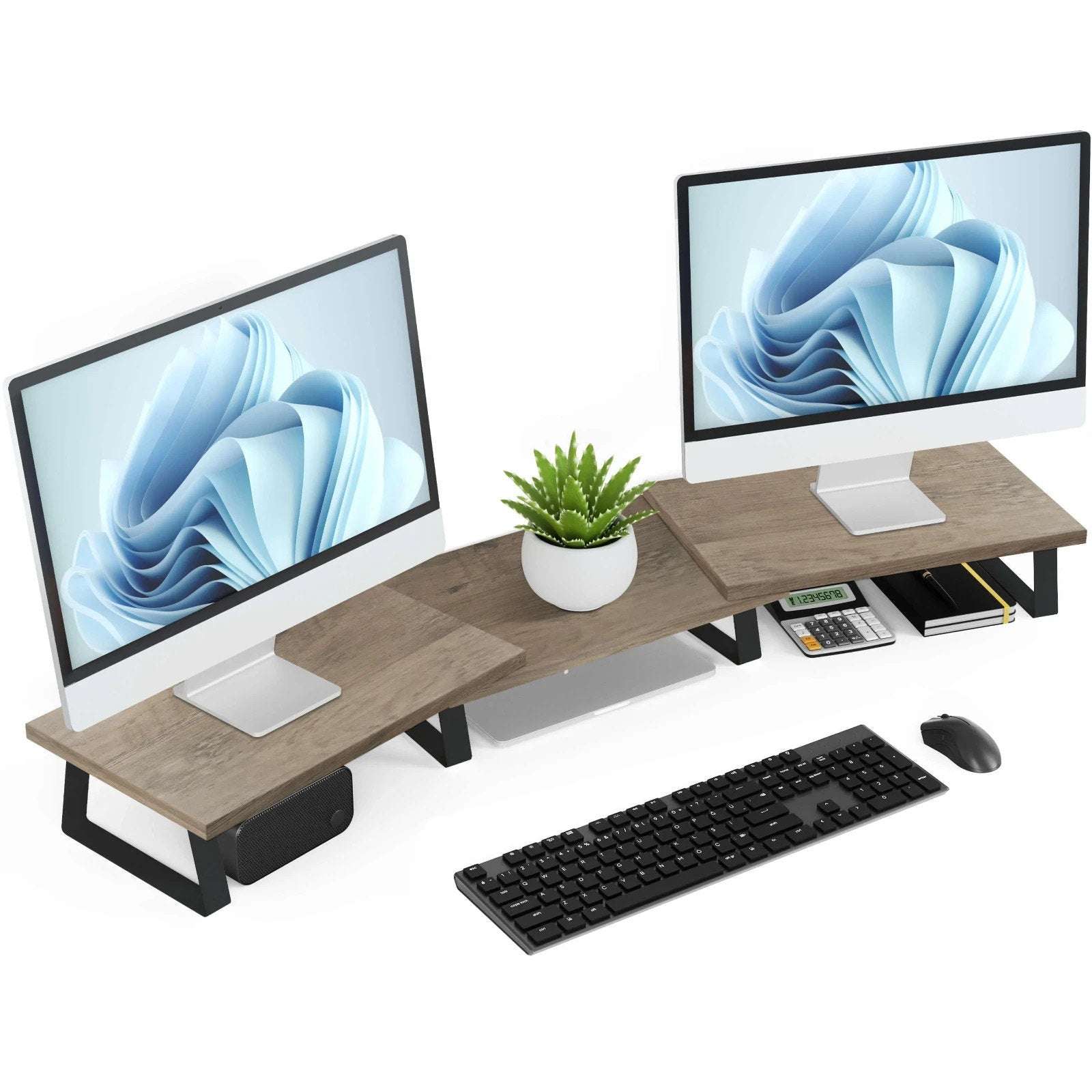 AOTHIA 43" Large Dual Monitor Stand for Desk Adjustable Riser for 2 Monitors Oak