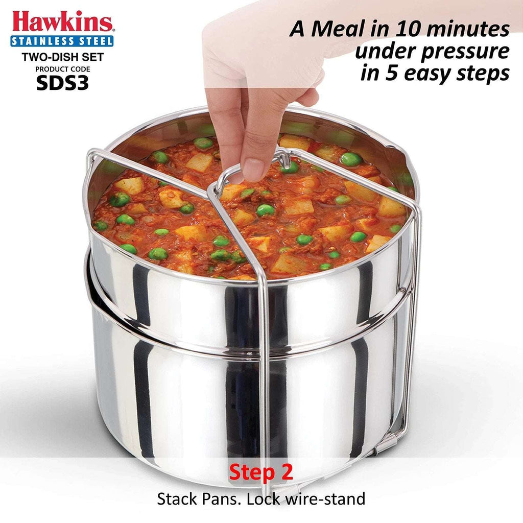 Hawkins Two-Dish Stainless Steel Set, Pressure Cooker 2 Pan Insert Multi-Cooker
