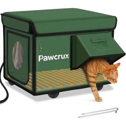 Outdoor Heated Cat House Weatherproof Winter Shelter w/ Escape Door, Heating Pad
