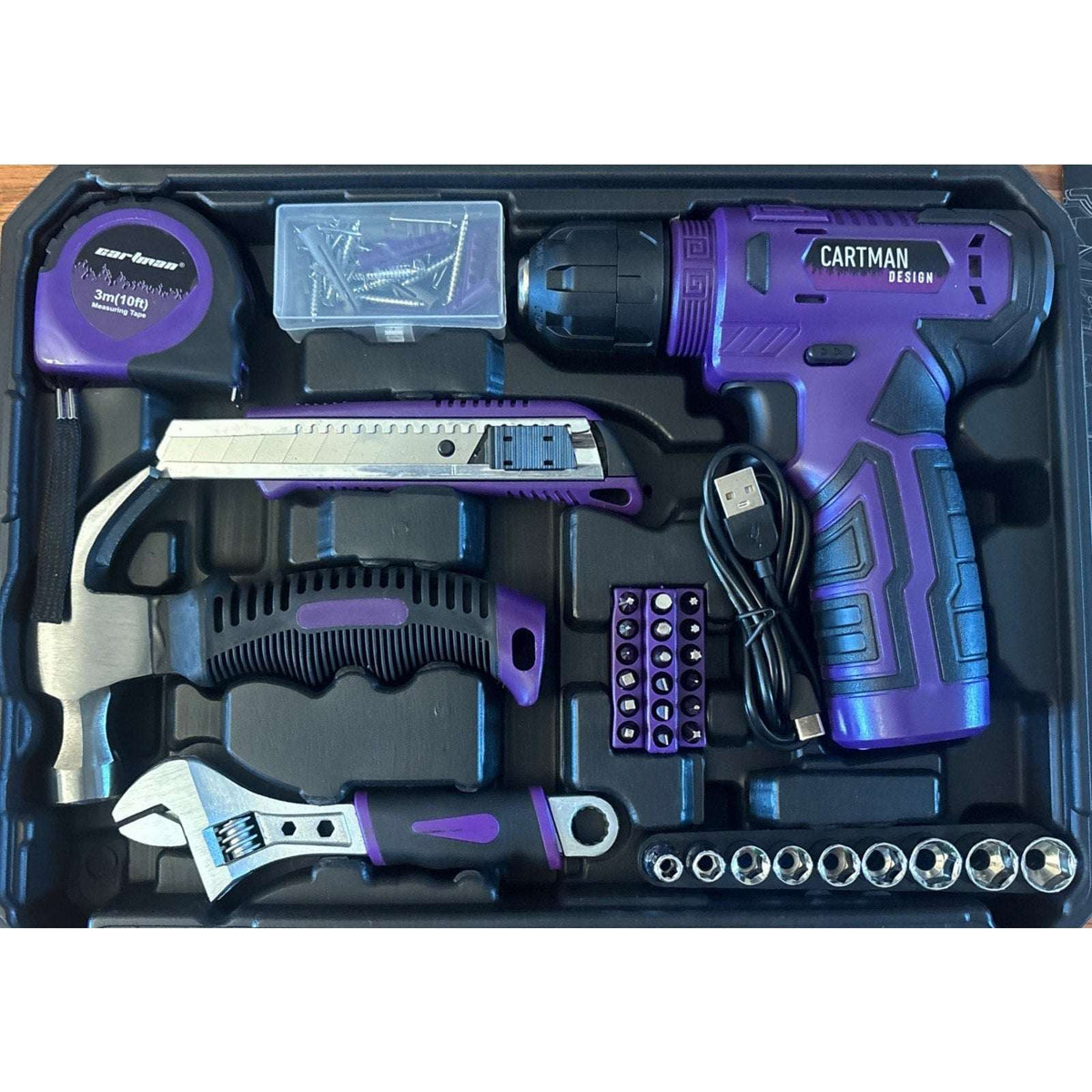 CARTMAN 150 Piece Tool Set, Home Tool Kit w/ 8V Purple Cordless Drill Set & Case