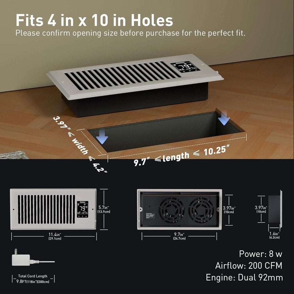 4"X10" Smart Vent Air Booster Register Fan 9-Speeds Thermostat & Humidity Sensor