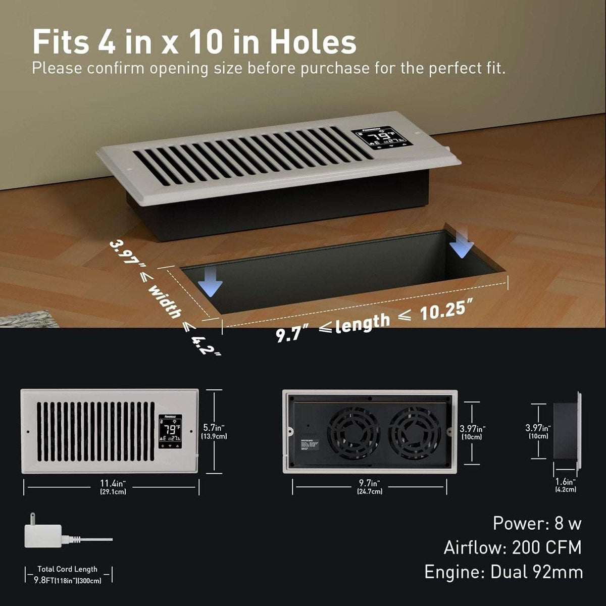 4"X10" Smart Vent Air Booster Register Fan 9-Speeds Thermostat & Humidity Sensor