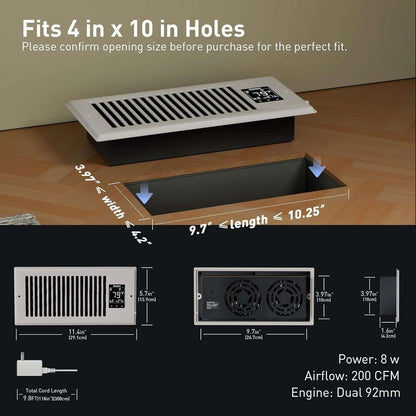 4"X10" Smart Vent Air Booster Register Fan 9-Speeds Thermostat & Humidity Sensor