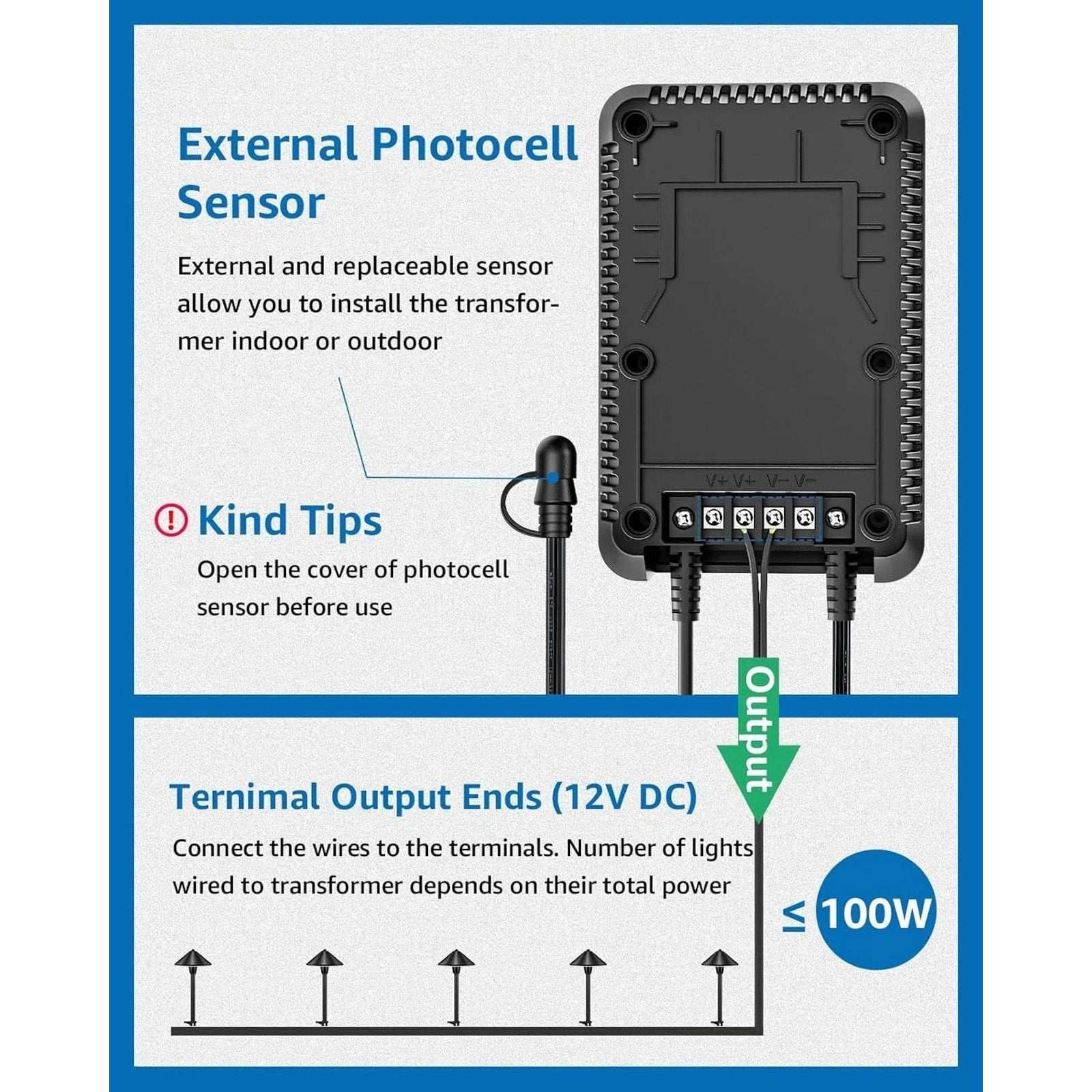 SUNVIE 100W Low Voltage Landscape Transformer Outdoor Lights Timer Photocell
