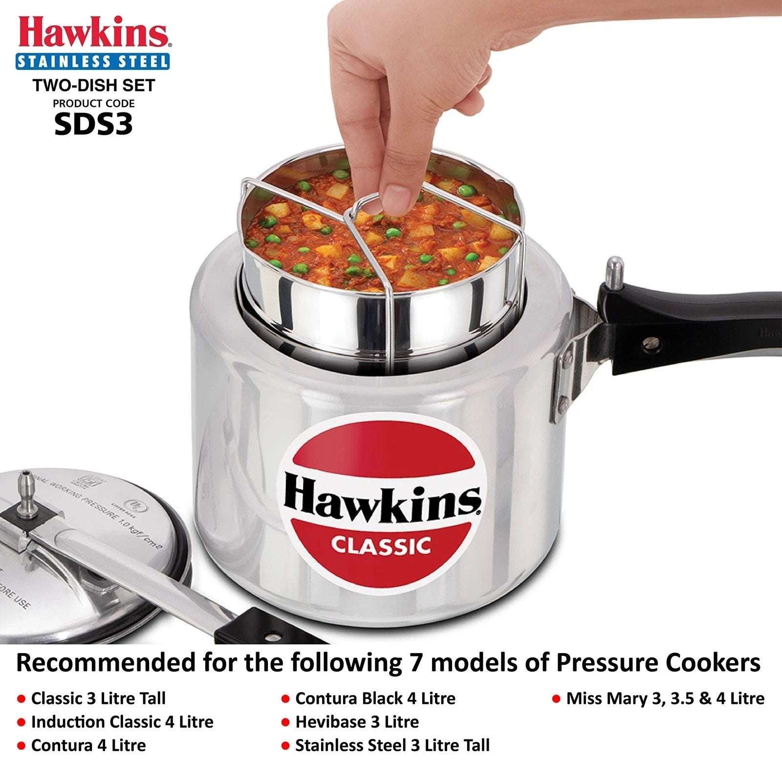 Hawkins Two-Dish Stainless Steel Set, Pressure Cooker 2 Pan Insert Multi-Cooker