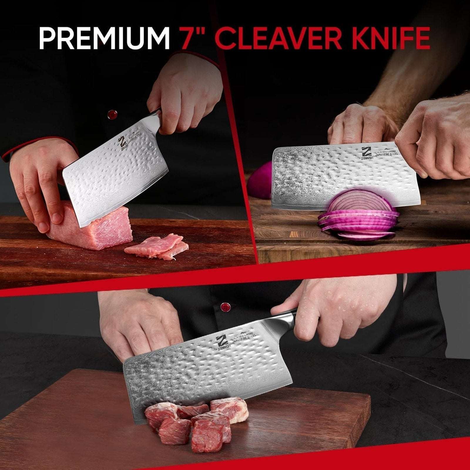 KENNISH Cleaver Knife 7" Meat Cleaver - Japanese AUS-10 Damascus Steel 60HRC