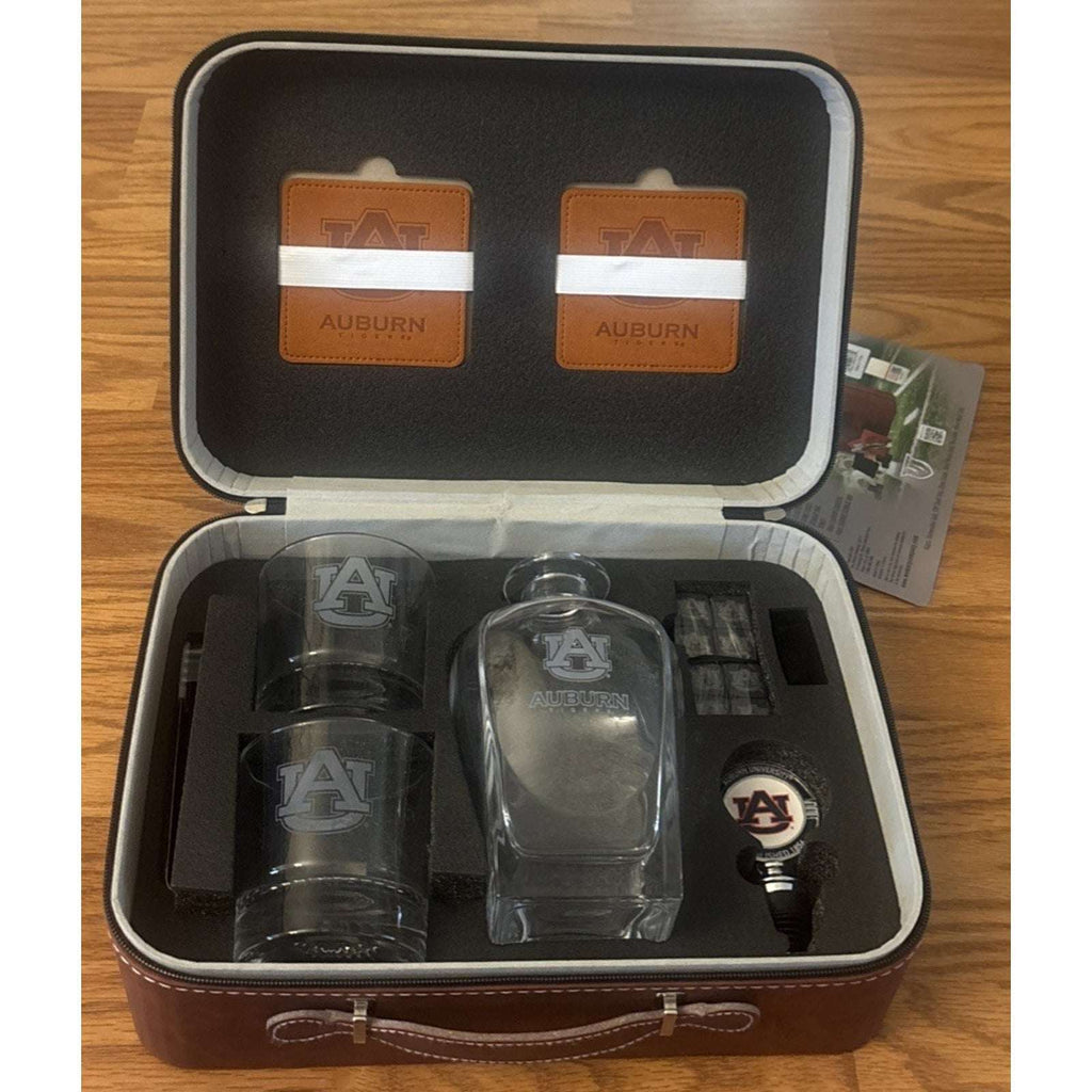 AUBURN TIGERS NCAA 750ml Whiskey Decanter & 2 Glass Set w/ Stones & Leather Case