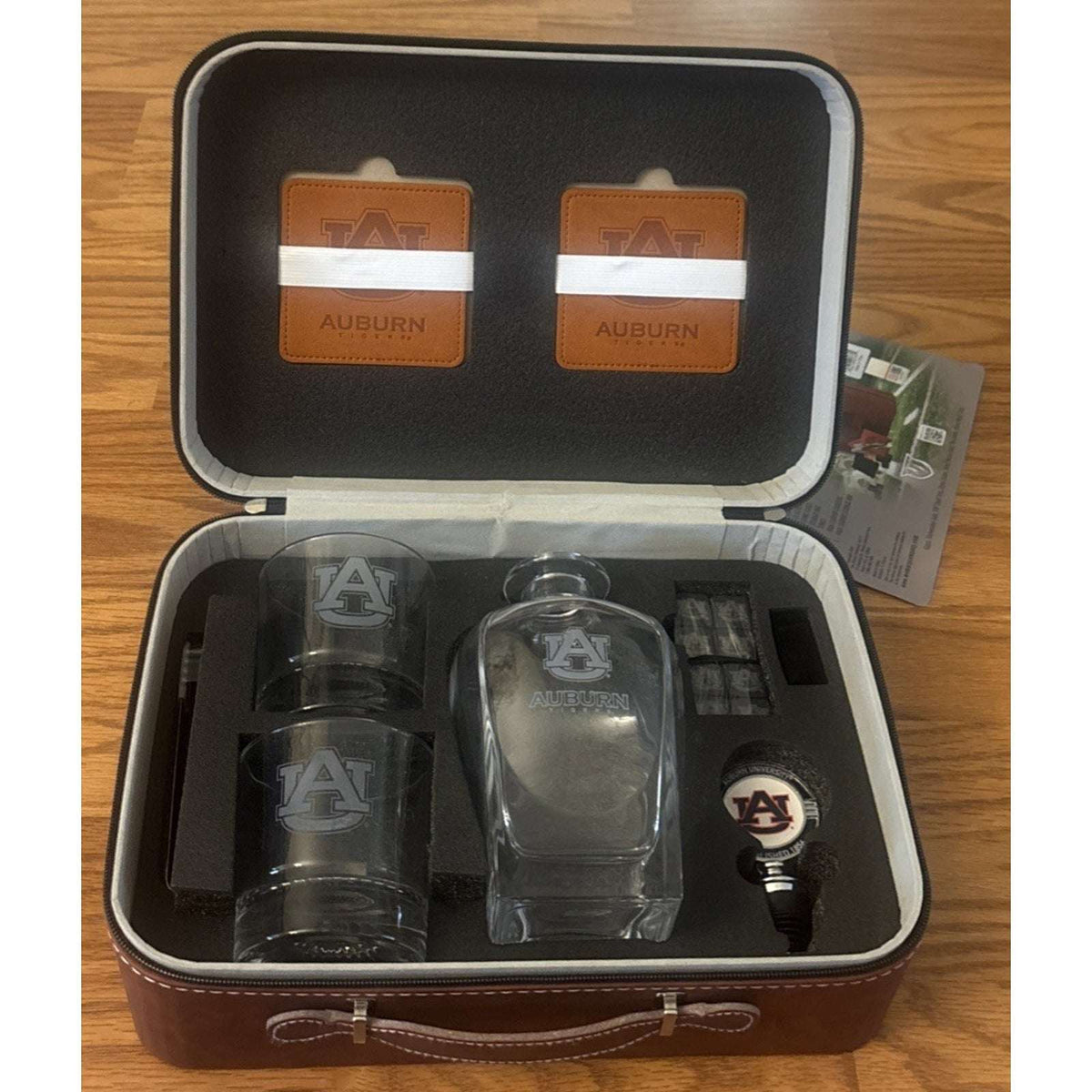 AUBURN TIGERS NCAA 750ml Whiskey Decanter & 2 Glass Set w/ Stones & Leather Case