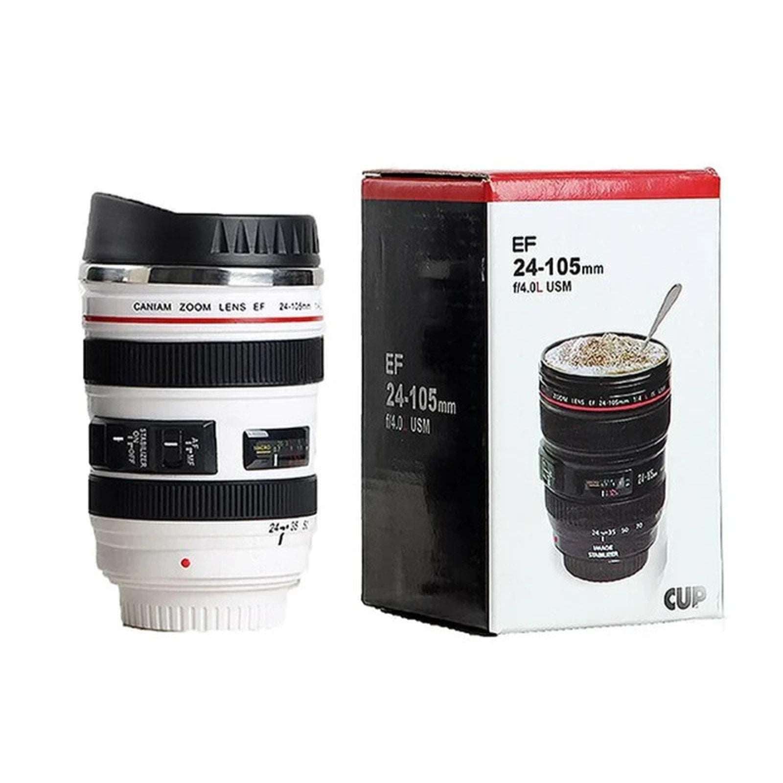Cup Mug Tumbler w/ Lid Looks Like Canon EF 24-105mm F/4L USM Zoom Lens in White