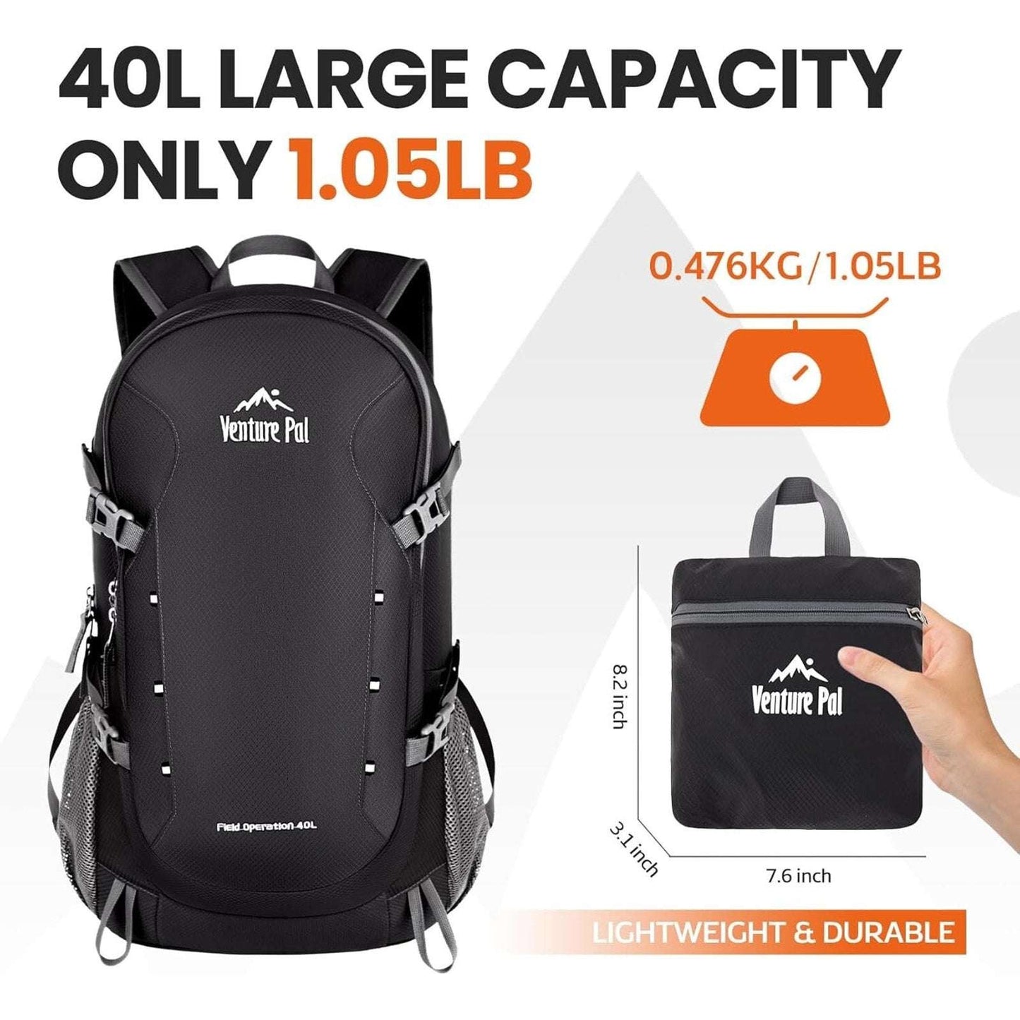 HIKING BACKPACK Lightweight Travel Daypack Black 40L VENTURE PAL Field Operation