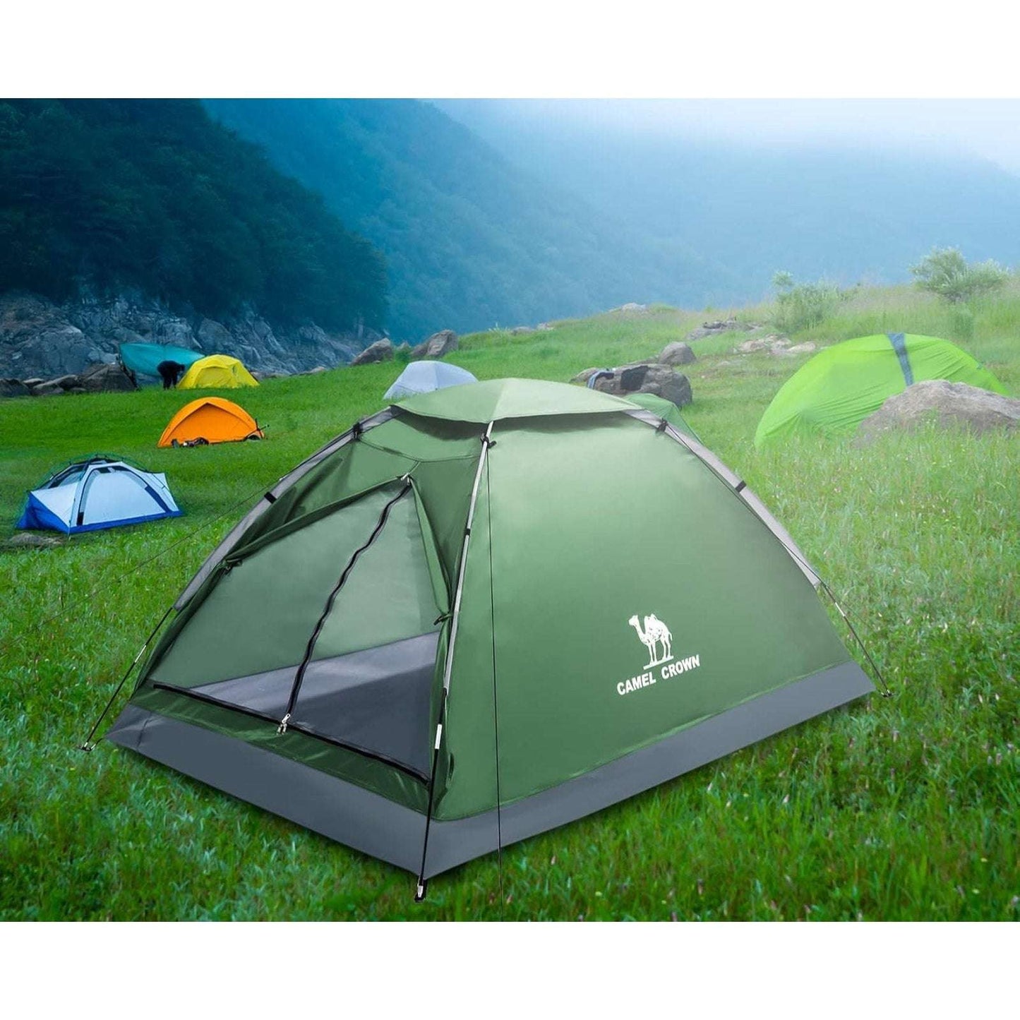 CAMEL CROWN Camping Tent Green/Grey 2 Person Waterproof Lightweight Quick Setup