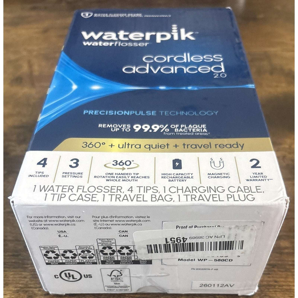 Waterpik Cordless Advanced 2.0 Water Flosser WHITE Rechargeable - WP580CD NEW