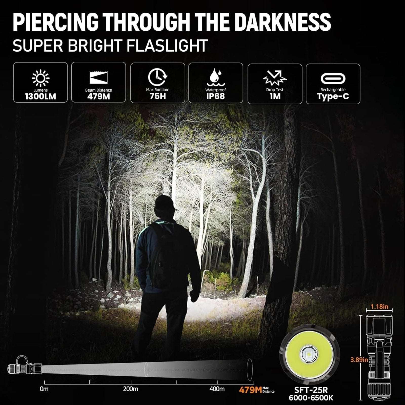Wurkkos TD07 Led Torch Rechargeable 1300lm Waterproof Tactical Flashlight Olive