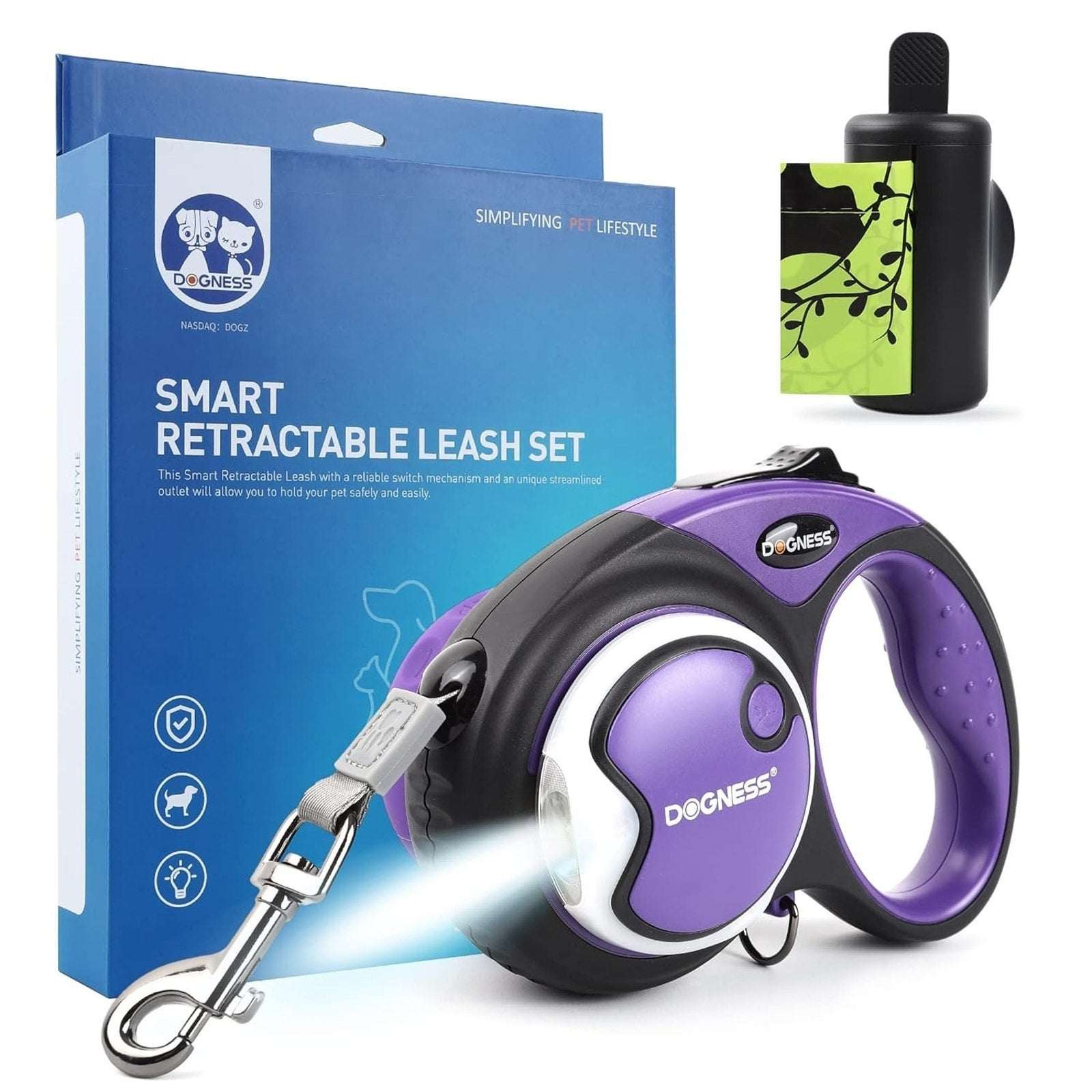 Smart Retractable Dog Leash Set w/ LED Light, Bluetooth Speaker, Bag Dispenser
