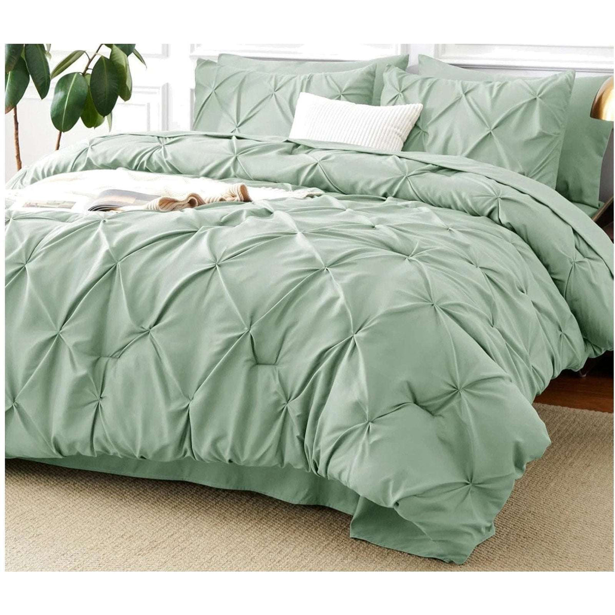 CozyLux 7-Piece King Size Pintuck Comforter & Sheet Set Sage Green Bed in a Bag