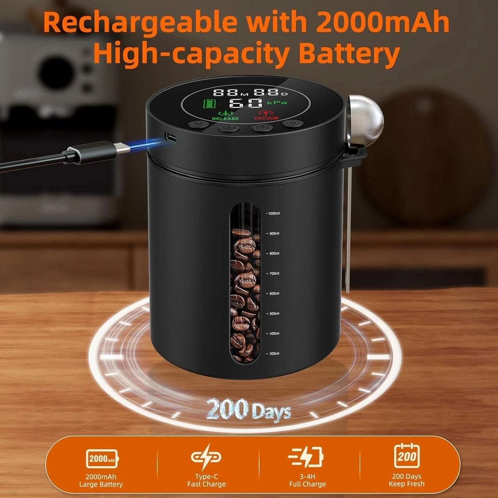 Automatic Airtight Vacuum Sealing Coffee Canister 1.3L Smart Sensors LCD Display