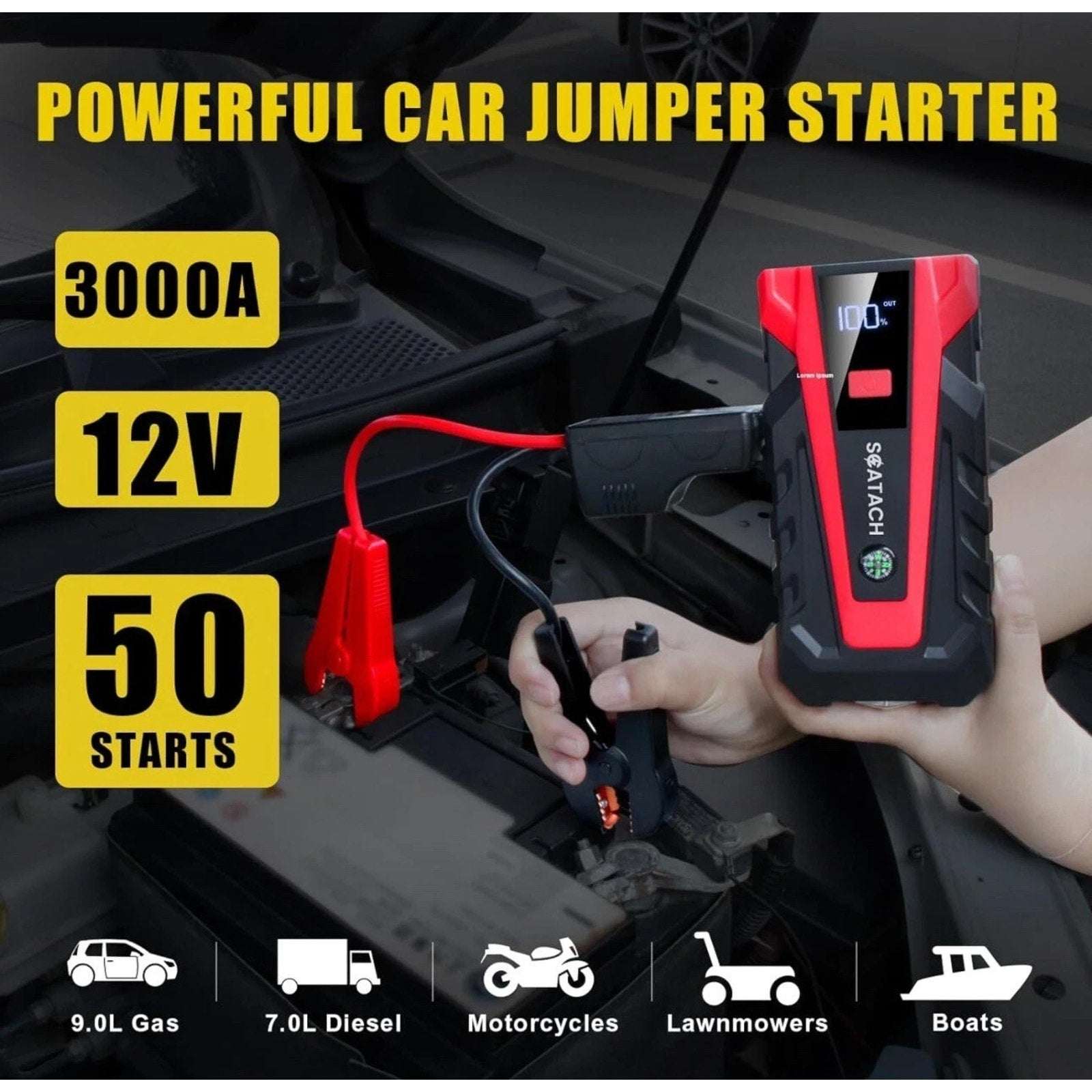 Scatach 3000A 12V Car Battery Jump Starter, Jumper Cable, Flashlight & Powerbank