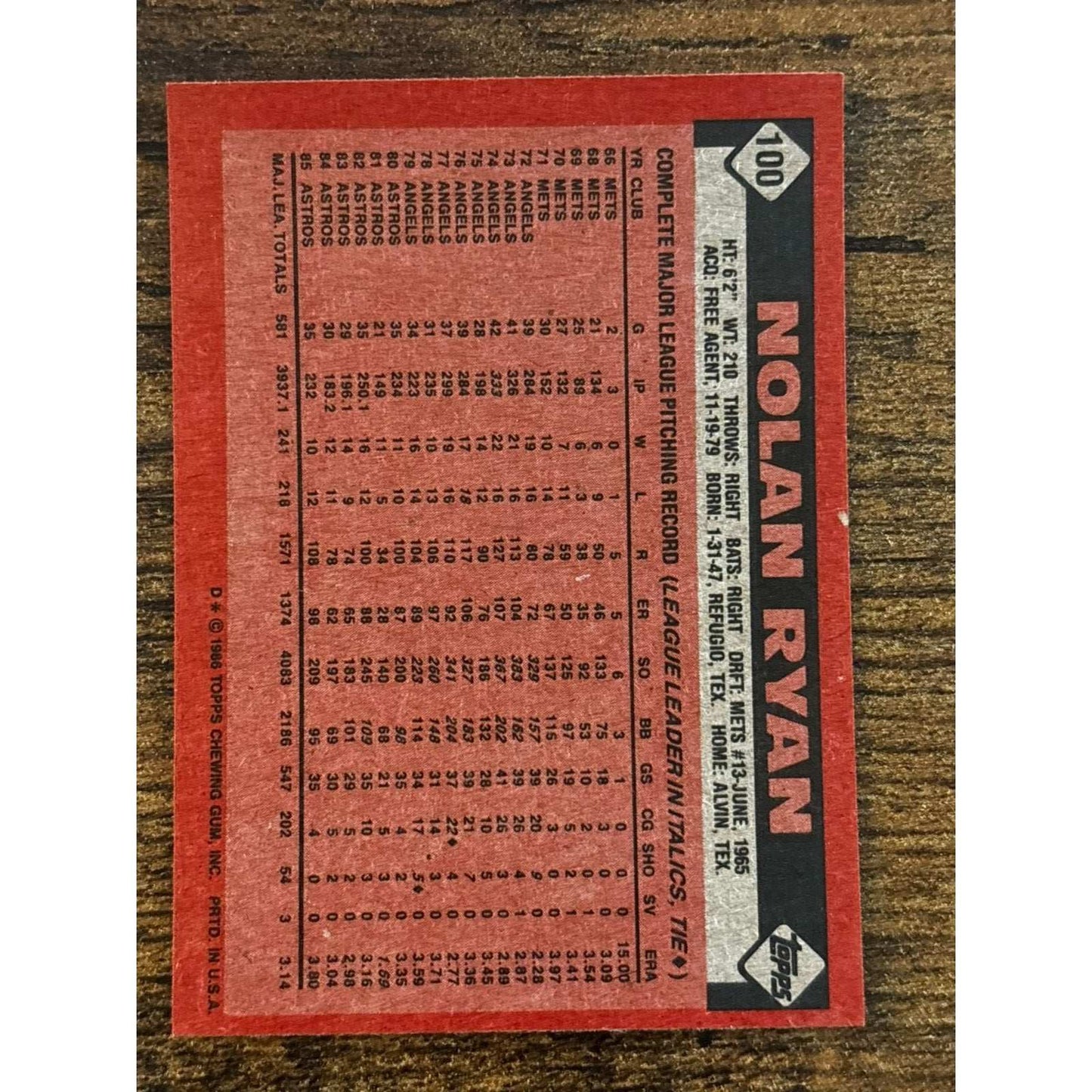 1986 TOPPS #100 NOLAN RYAN Houston Astros Baseball Card